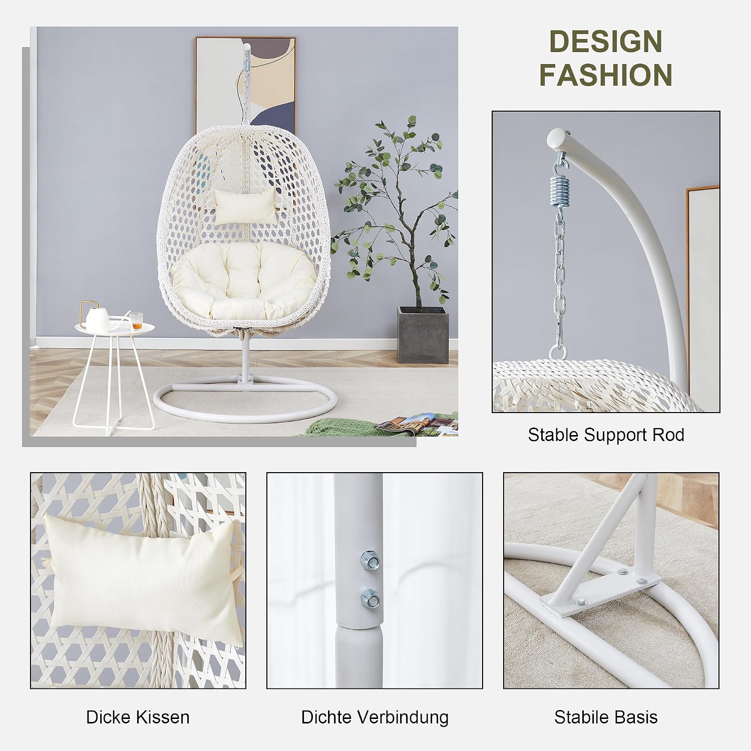 Egg Swing Chair with Stand,Rattan Swing Egg Chair with Stand, White Hanging Egg with Soft Cushion, Outdoor Hanging with Foldable Basket and Metal Stand for Bedroom Patio