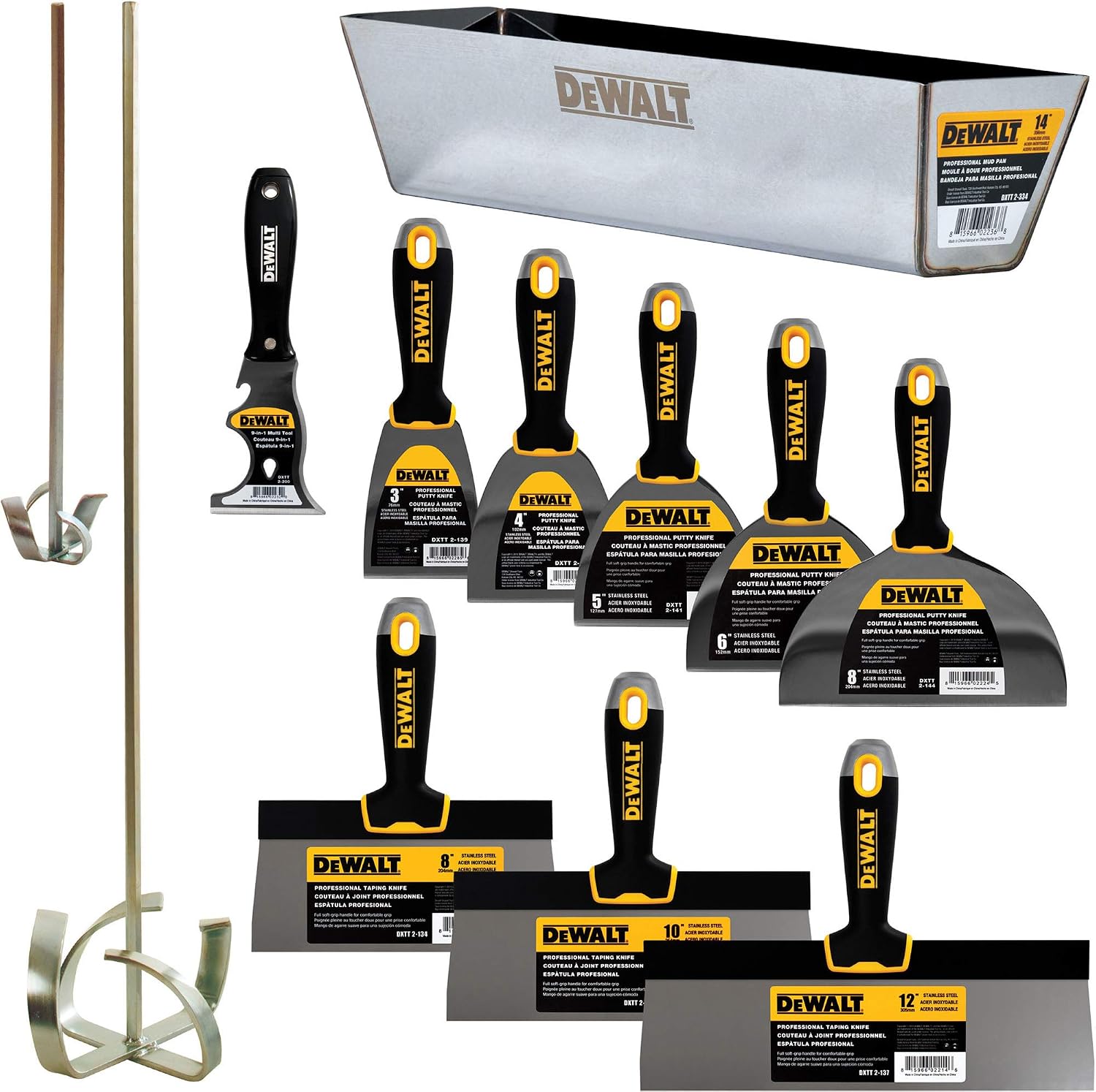 DEWALT DELUXE Stainless Hand Tool Set | 8/10/12' Taping Knives, 3/4/5/6/8' Putty Knives, 2 Mud Mixers + FREE BONUS 14' Mud Pan | DXTT-3-609