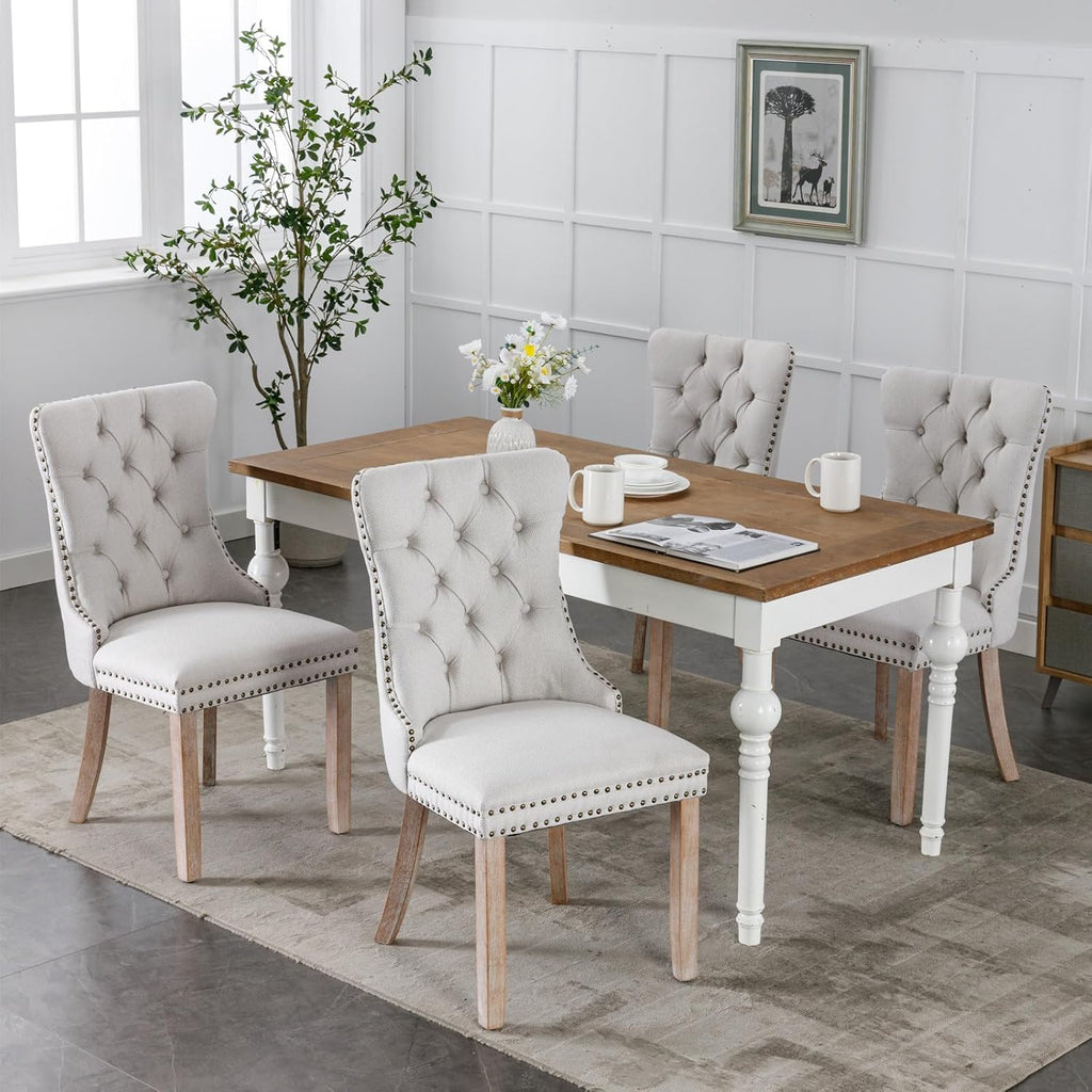 Ball & Cast Contemporary Upholstered Dining Chairs Set of 2, Button Tufted Kitchen Side-Chairs with Hang Ring & Nailhead Trims & Solid Wood Legs, 2-Piece Backrest Traditional Chair, Linen Beige