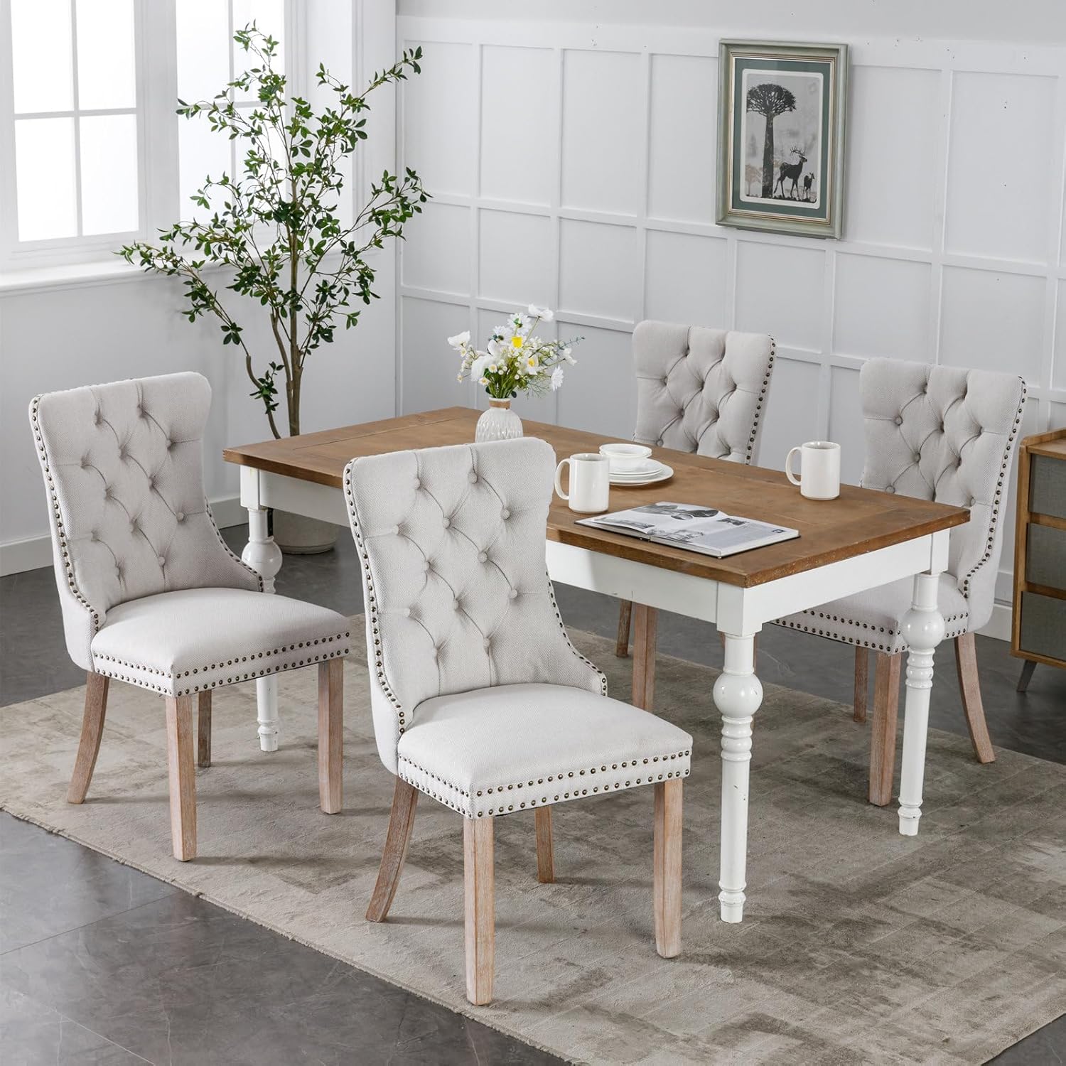 Ball & Cast Contemporary Upholstered Dining Chairs Set of 2, Button Tufted Kitchen Side-Chairs with Hang Ring & Nailhead Trims & Solid Wood Legs, 2-Piece Backrest Traditional Chair, Linen Beige