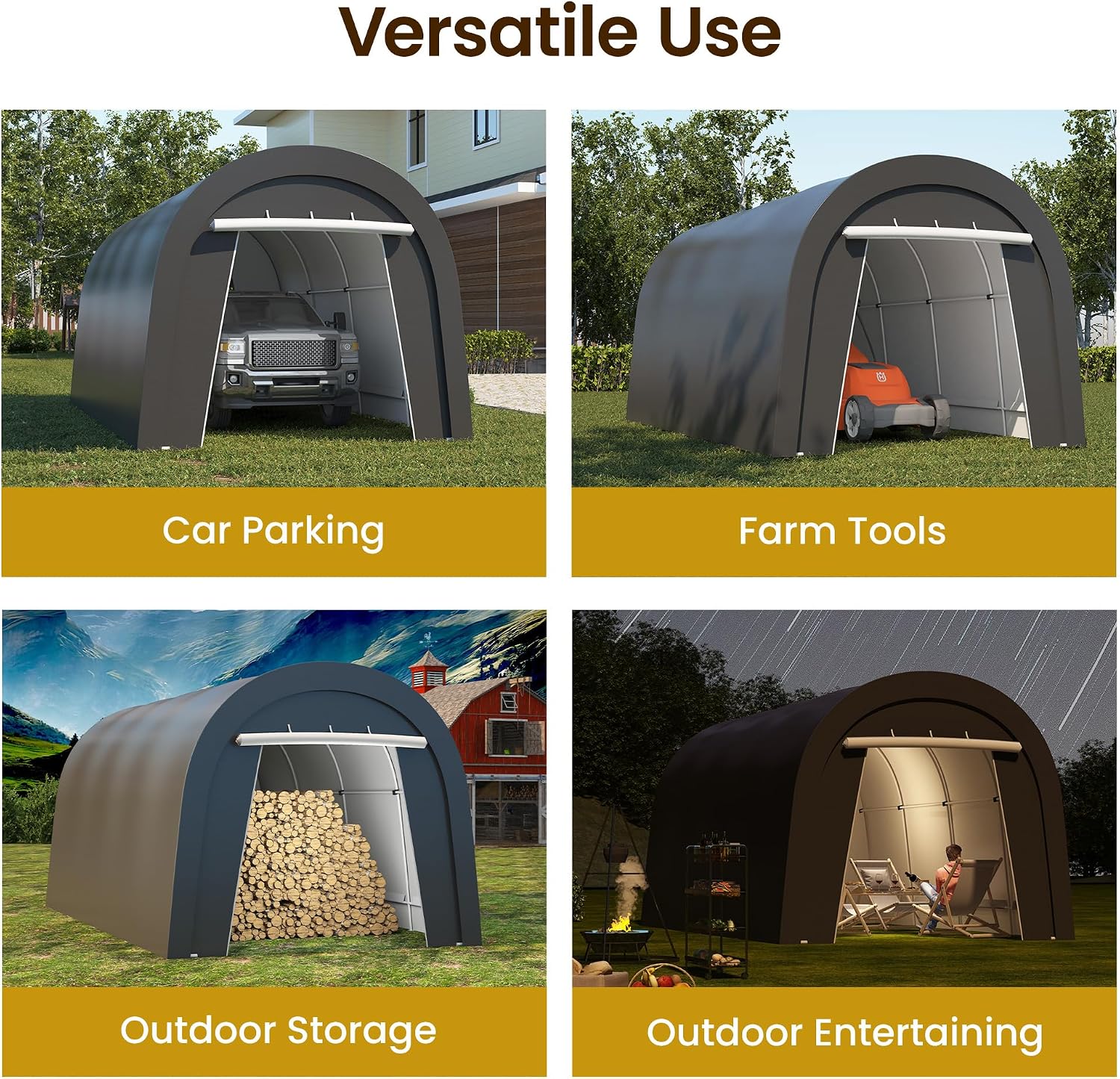 FansaFurn 10'x20' Carport, Outdoor Round Portable Garage with 2 Roll up Doors, Heavy Duty Storage Shelter Car Canopy Party Tent, Dark Gray