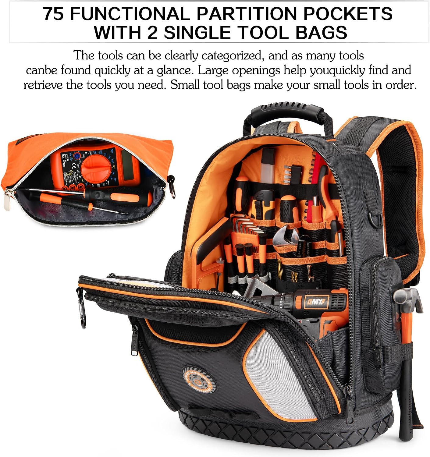 Tool Bag Backpack with 2 Canvas Tool Pouch Tool Kit, 75 Pockets & Loops Heavy Duty Tools Organizer/HVAC Tool Carrier for Eelectrician/Construction Work with Molded Base and Combination Lock, Black