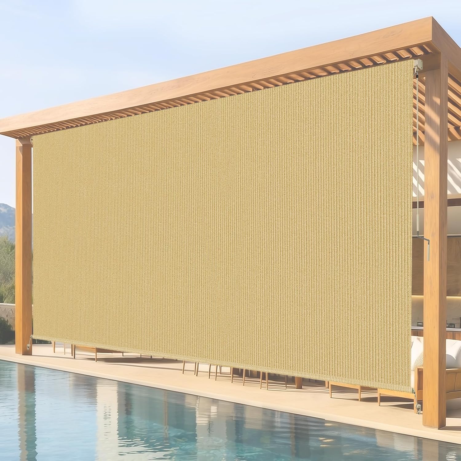 10'W x 8'H Sesame Outdoor Roller Shade with Crank Wand Patio Shades Roll up, Privacy Protection & UV Blocking for Pergola | Gazebo