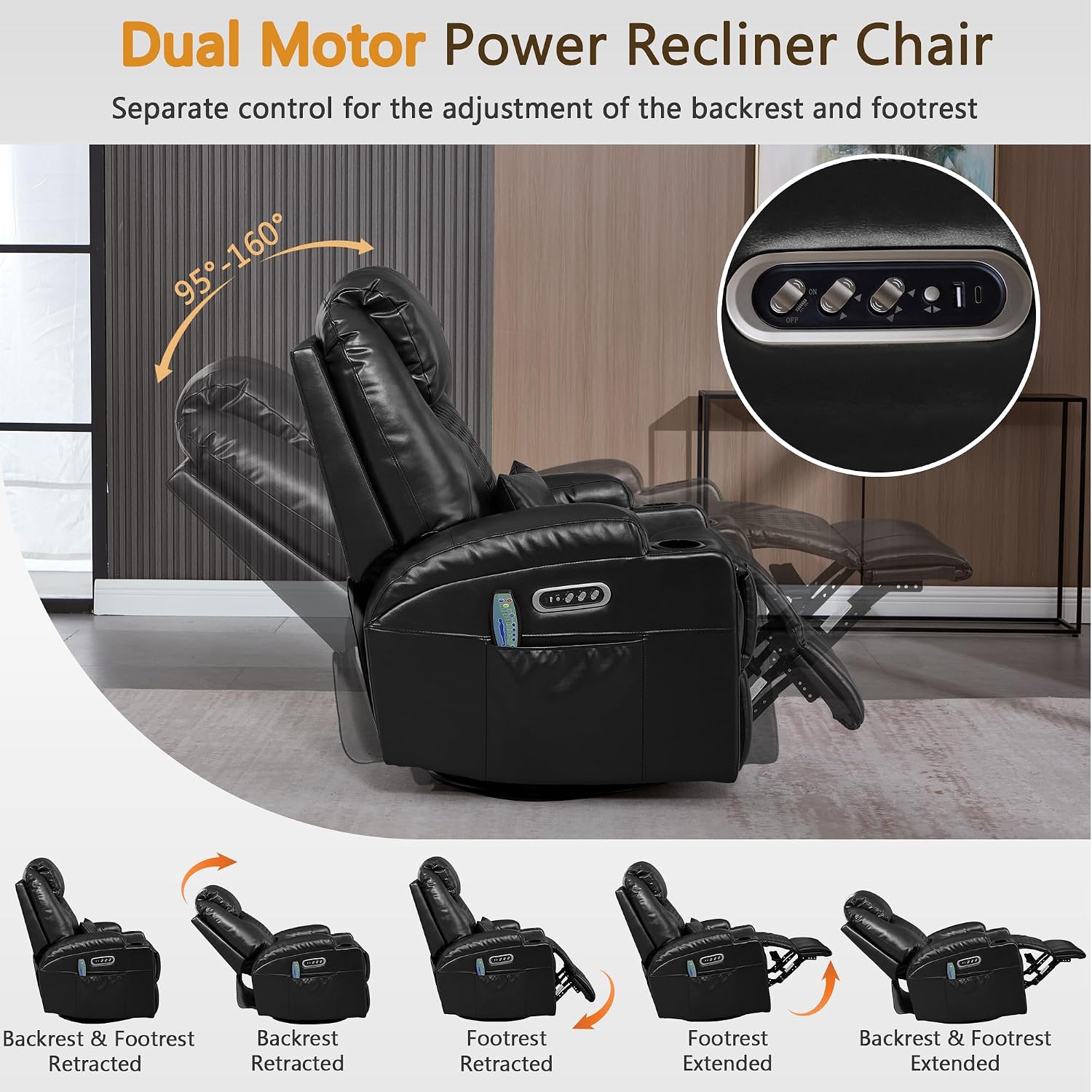 Dual Motor Power Swivel Rocker Recliner Chair with Heat and Massage,Electric Glider Rocking Chairs for Nursery,Theater Seating with LED Lights, USB A/USB C Ports for Living Room (1, Black)
