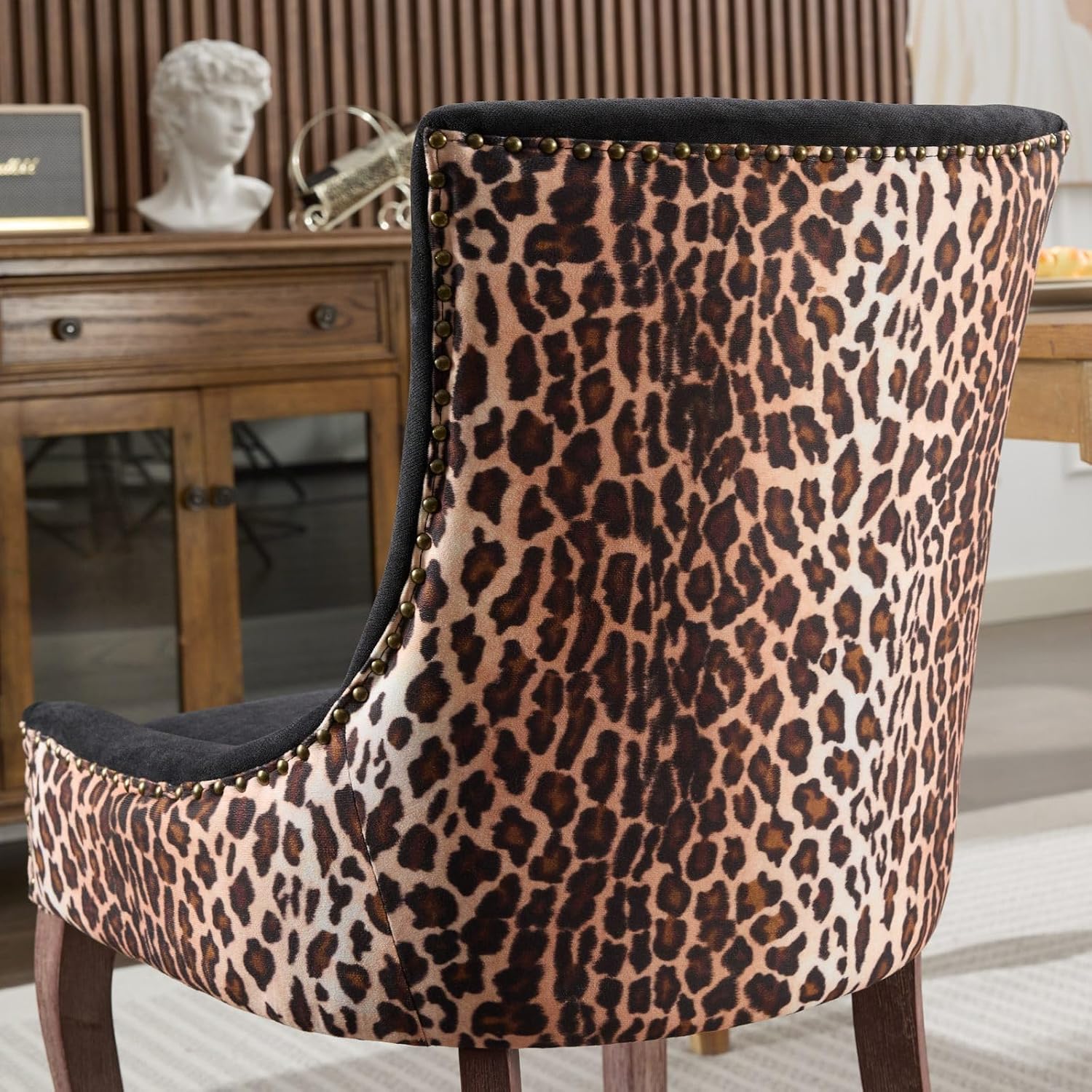 Ball & Cast Mid-century Upholstered Dining Chairs Set of 2, Thickened Fabric Wing Back Kitchen Side-Chairs with Bronze Nail Head & Toned Solid Wood Legs, Two Tone Traditional Chair,Black+Leopard Print