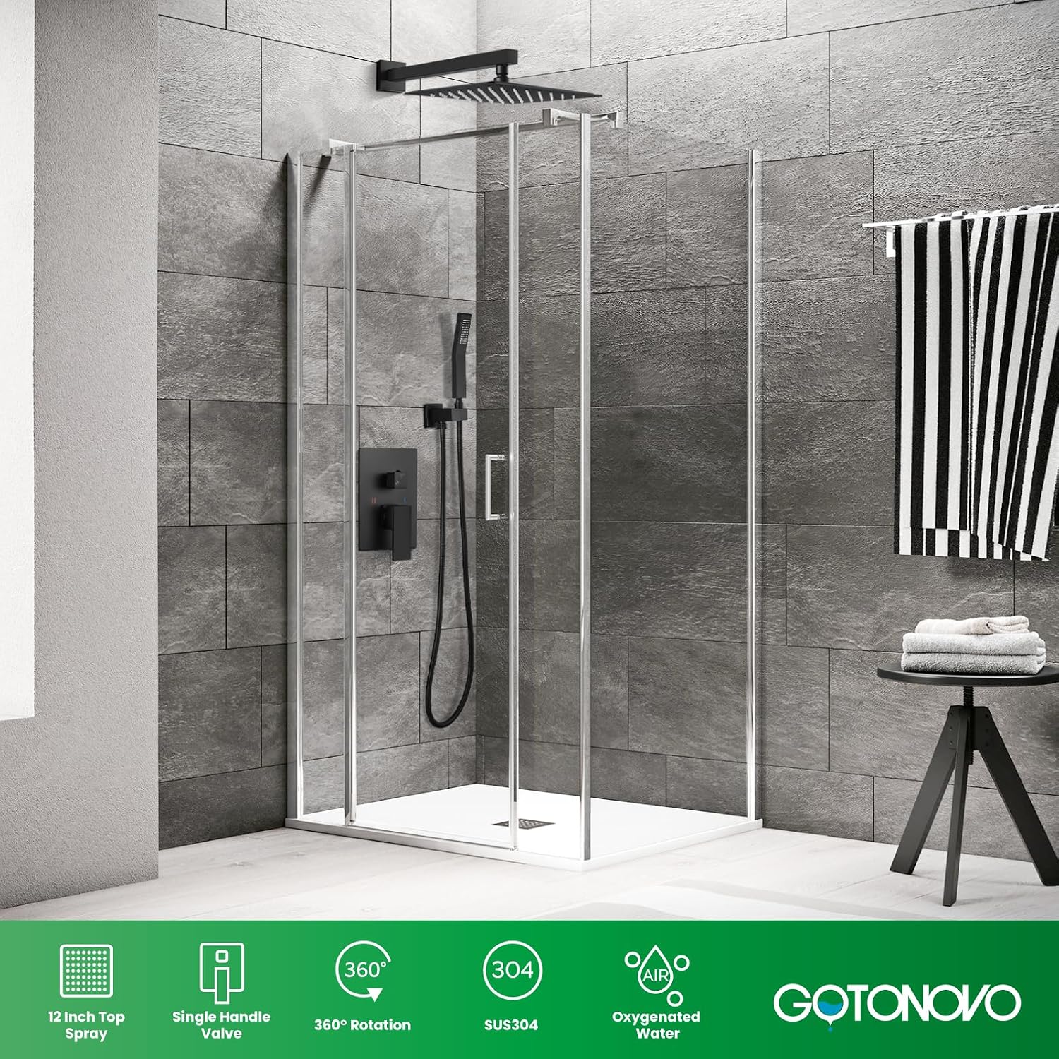 gotonovo Rainfall Bathroom Shower System Rain Shower Head and Handle Set Wall Mounted Shower Complete Combo Solid Brass Pressure Balancing Shower Mixer Valve 12 Inch Matte Black