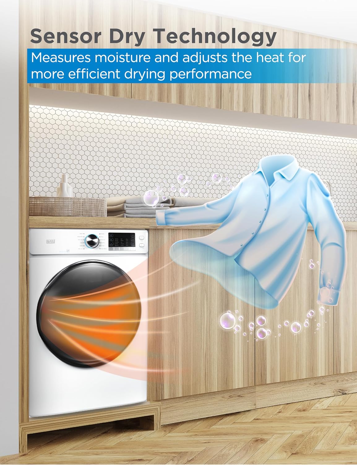 BLACK+DECKER 8.0 Cu. Ft. Electric Front Load Dryer with Steam, Clothes Dryer with LED Display, 12 Cycle Selections, ENERGY STAR, 240V Machine Requires Professional Installation, BFLD80ME, White