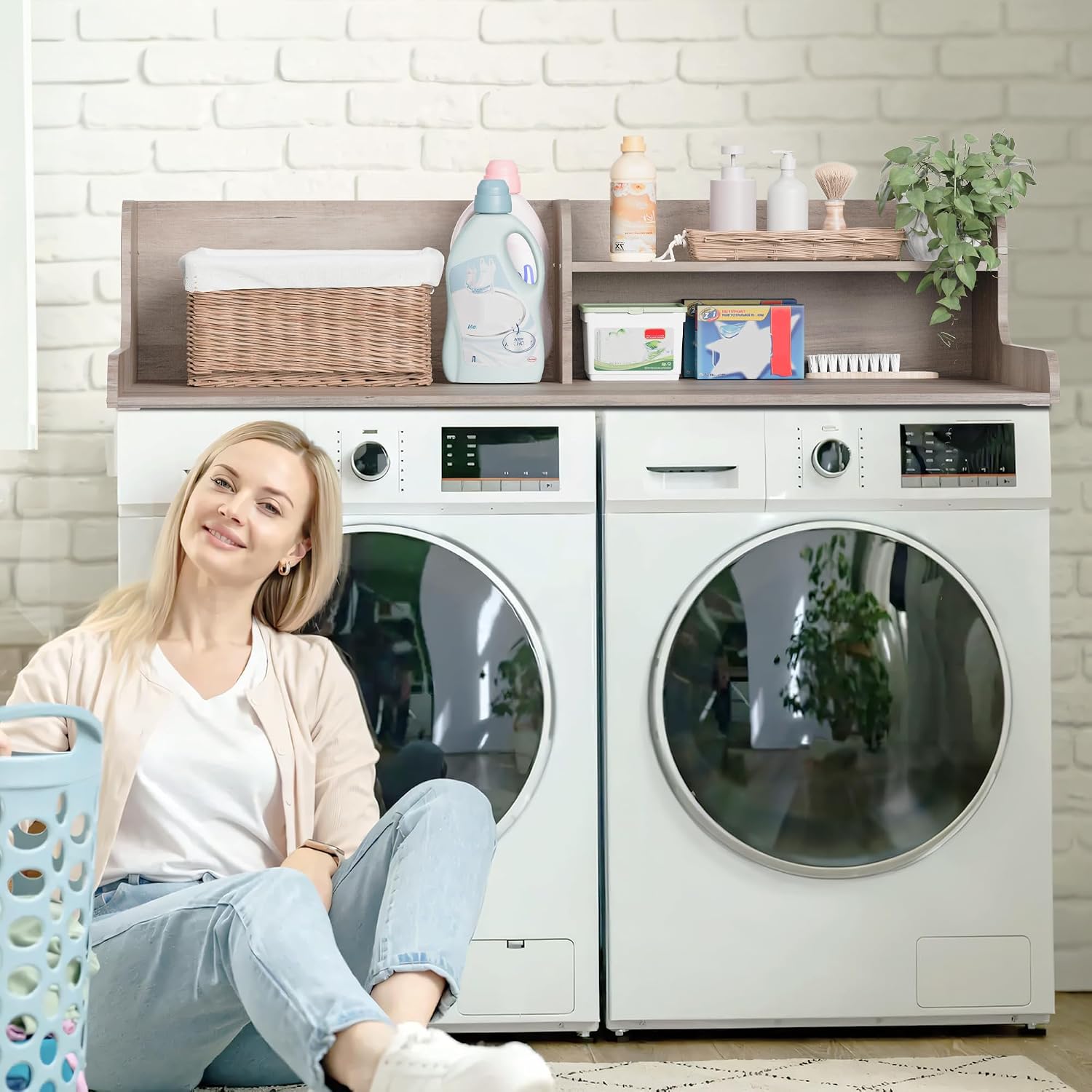 DTK Washer Dryer Wood Countertop with Shelf, Laundry Topper with Non-Slip Mat,27.55' Depth x 54' Width Dryer Covers for The Top with Edge Rails (Rural)