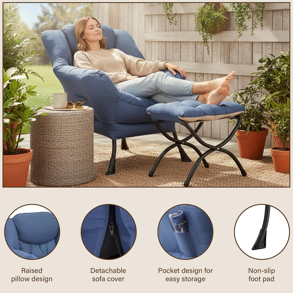 Welnow Lazy Chair with Ottoman, Modern Accent Chair with Armrests and a Side Pocket, Leisure Sofa Armchair, Reading Armchair with Footrest for Small Space, Royal Blue