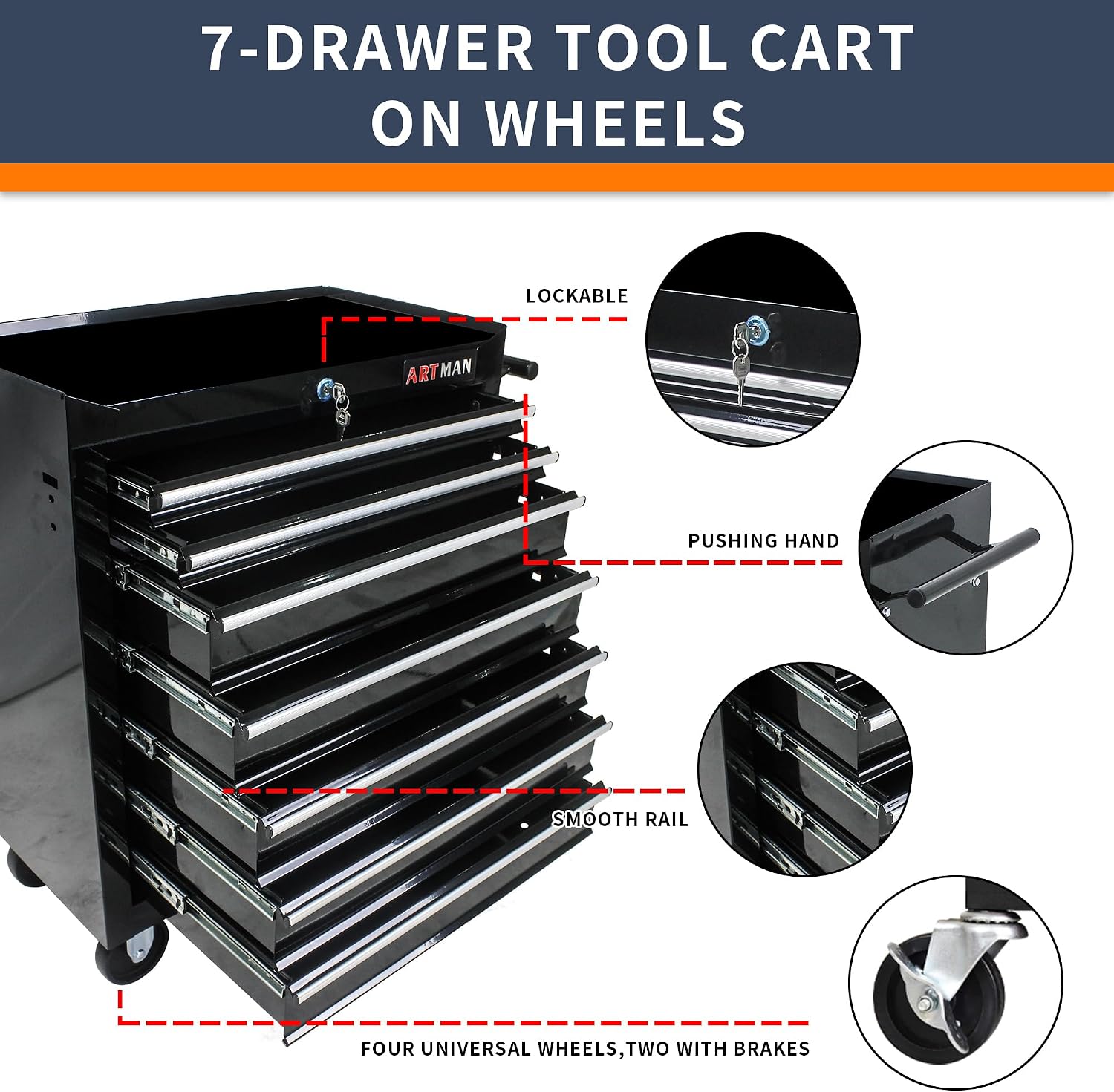 7-Drawer Rolling Tool Cart, Tool Box on Wheels,Lockable Home Repair Tool Storage Organizer, Tool Chest Cabinet for Mechanic, Garage