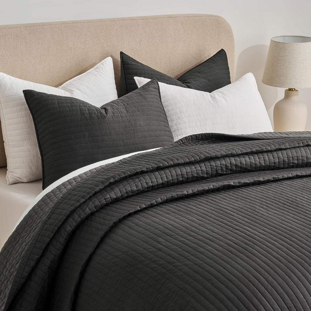 EVERGRACEHOME Cotton Sateen Quilt Set King Size, Pre-Washed Cotton Channel Stitch Coverlet Bedspread, 3 Pieces Lightweight Soft Bedding Sets for All Season, with 2 Pillow Shams, Washed Black