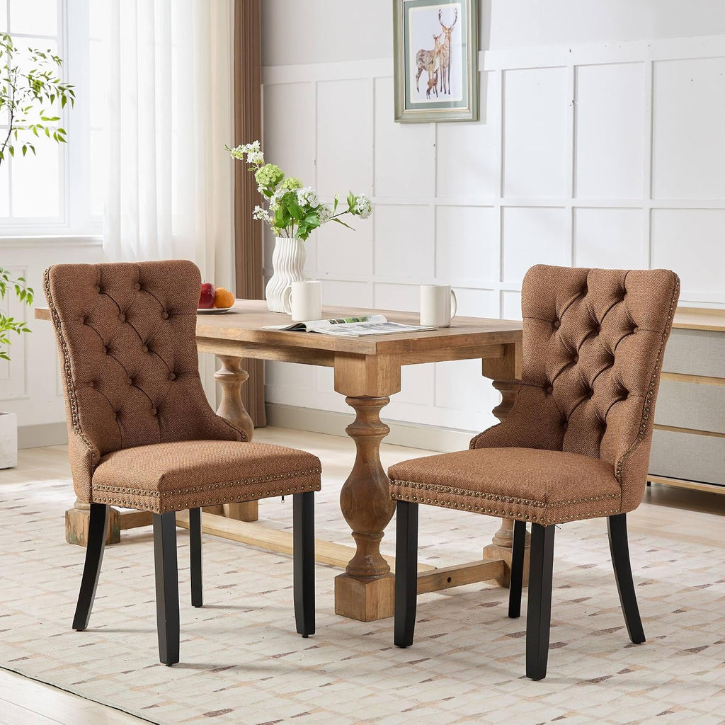 Ball & Cast Contemporary Upholstered Dining Chairs Set of 2, Flax Button Tufted Kitchen Side-Chairs with Hang Ring & Nailhead Trims & Wood Legs, 2-Piece Backrest Traditional Chair, Black+Coffee