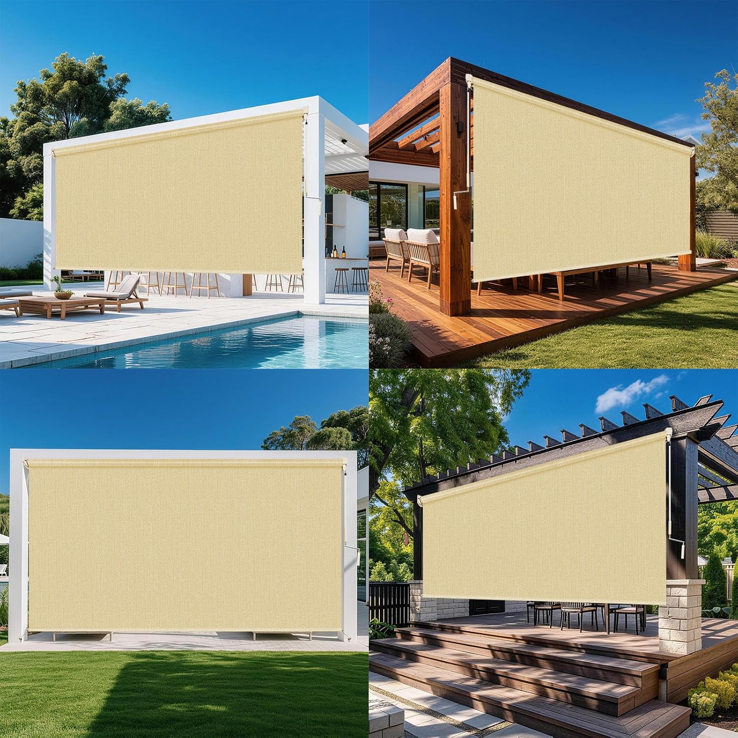 10'W x 8'H Sesame Outdoor Roller Shade with Crank Wand Patio Shades Roll up, Privacy Protection & UV Blocking for Pergola | Gazebo
