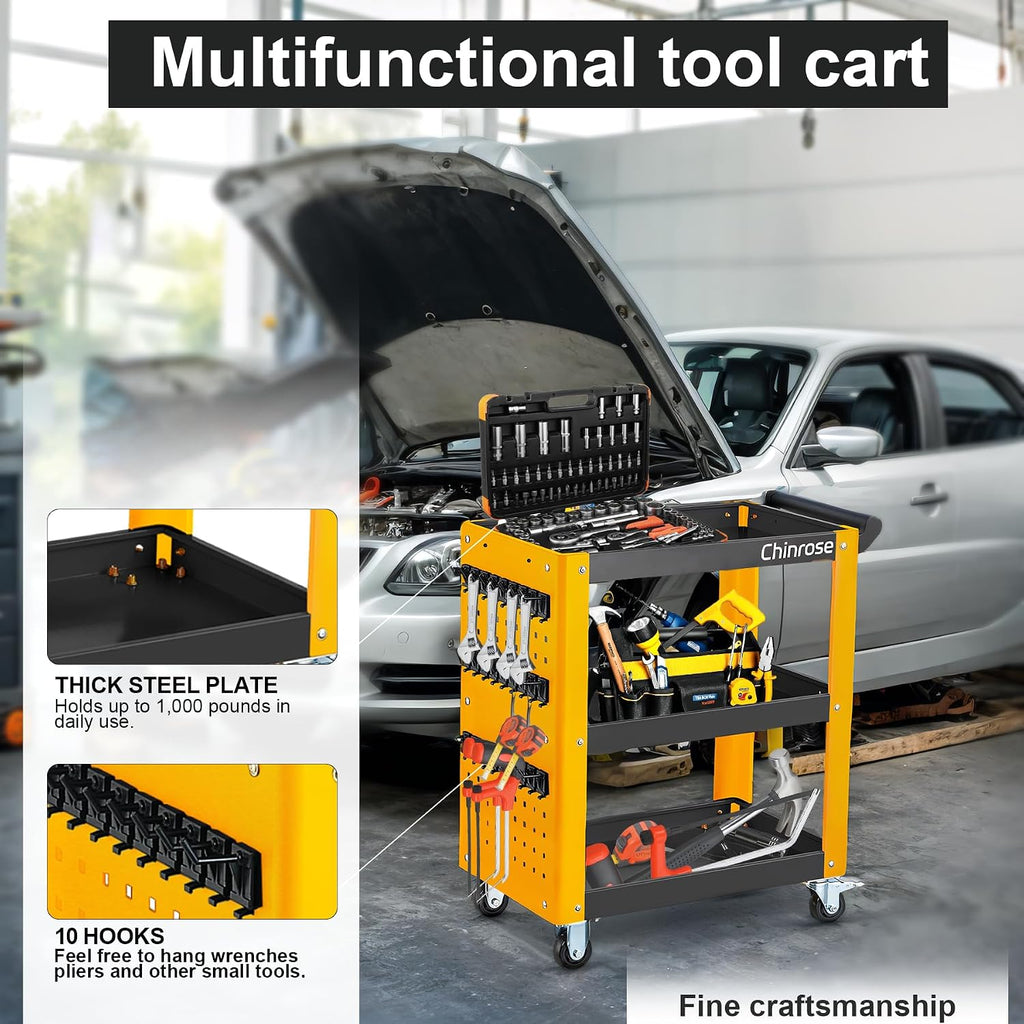 3 Tier Rolling Tool Cart on Wheels, Mechanic Storage Organizer, Rolling Work Cart with Pegboard for Garage, Workshop, Warehouse (Black&Yellow)