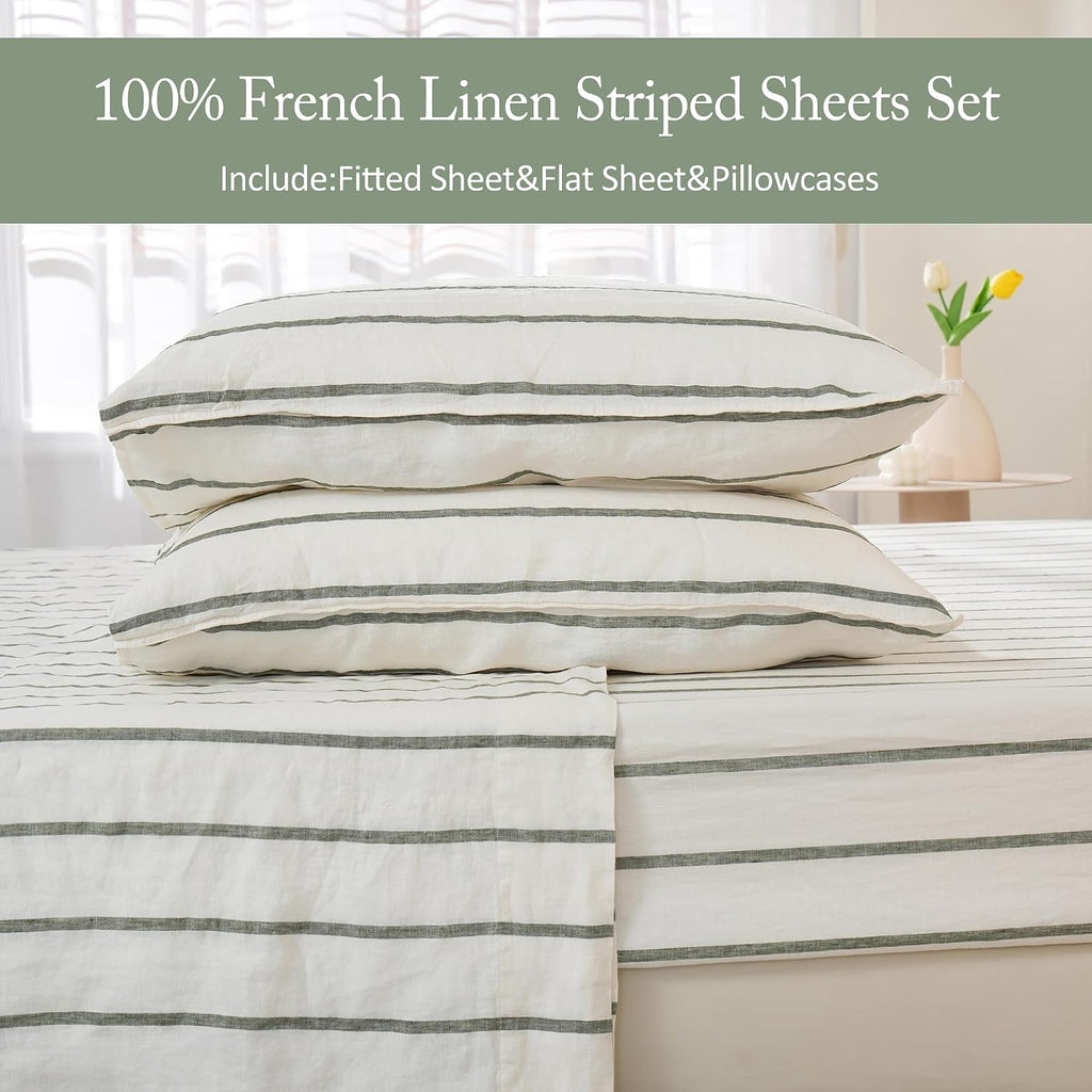 S VICTORY SYMBOL 100% Organic Linen Sheets Set Striped,Yarn Dyed Green Vertical Stripe Bed Sheets King Size,French Natural Flax Bedding Set 4pcs