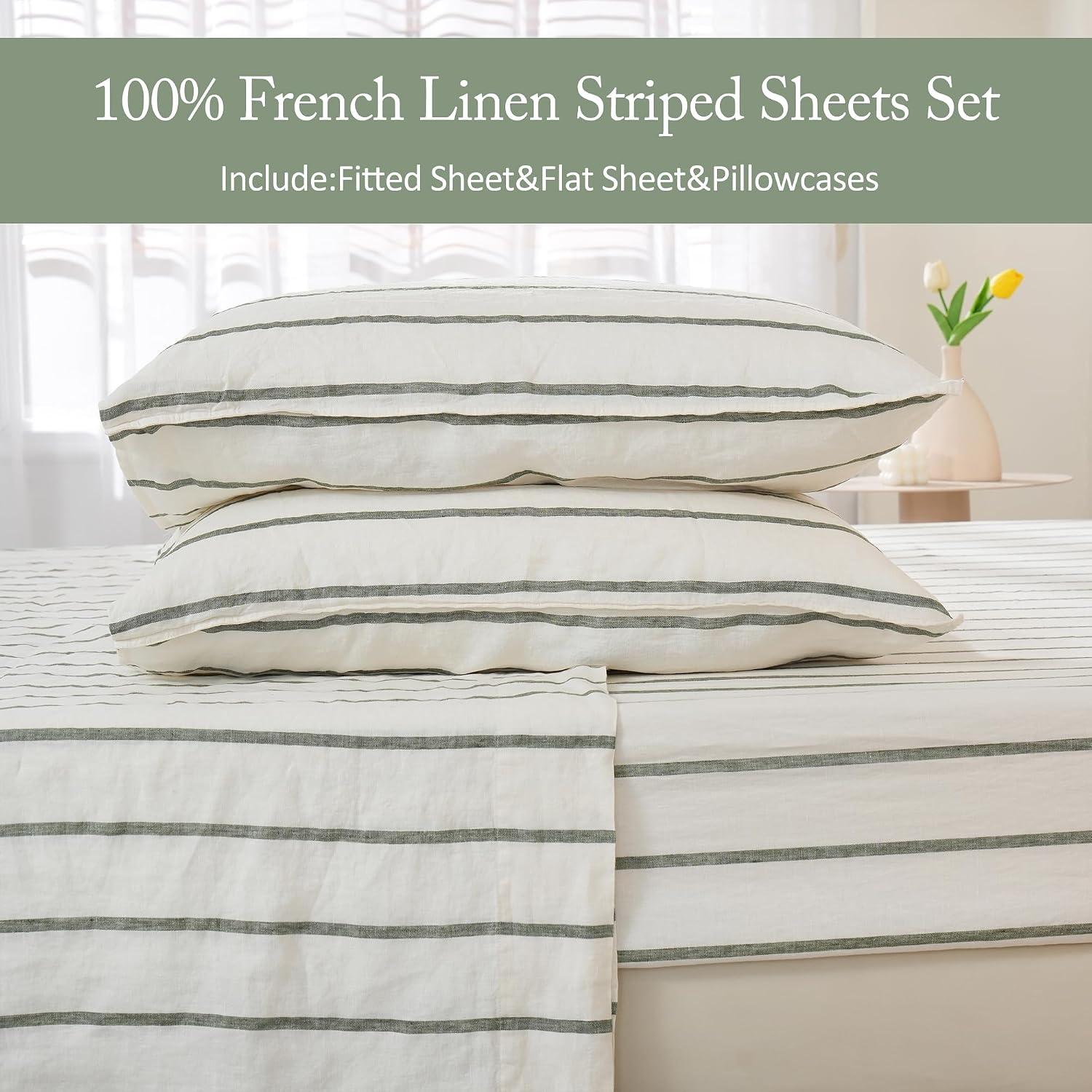 S VICTORY SYMBOL 100% Organic Linen Sheets Set Striped,Yarn Dyed Green Vertical Stripe Bed Sheets King Size,French Natural Flax Bedding Set 4pcs