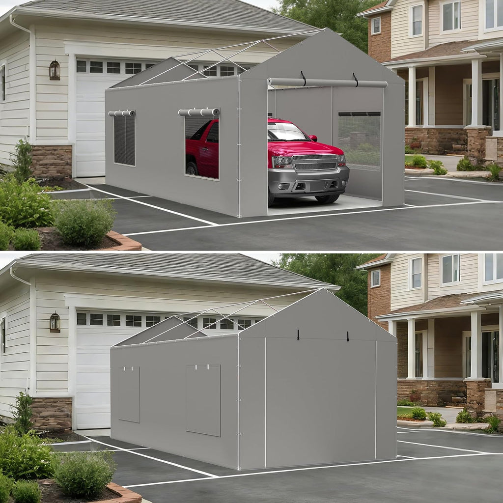 2 Pack Carport Canopy Replacement Sidewalls with Roll-up Windows, 2 Pack Zipper Doors for 12x20FT, Waterproof & UV Protected, Easy Assembly with Ball Bungees, Grey (Frame and Top Cover Not Included)