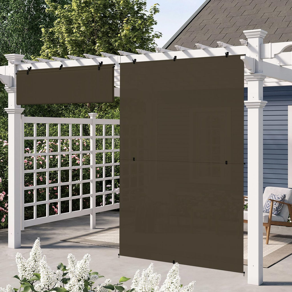 E&K Sunrise 4'W x 7.5'H Outdoor Roller Shades Patio Cordless Roll Up Blinds Foldable Sun Shade UV Block Exterior Sun Screen for Outside Porch Backyard Deck Pergola (Brown)