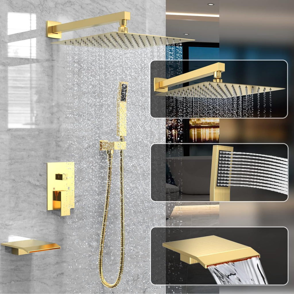 Shower System Rain Shower Faucet Set with Tub Spout,10 inch Bathroom Wall Mounted Waterfall Bathtub Faucet with Handheld Spray and Rough-in Valve Body and Trim kit,Brushed Gold