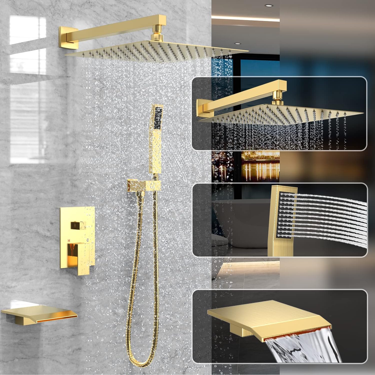 Shower System Rain Shower Faucet Set with Tub Spout,10 inch Bathroom Wall Mounted Waterfall Bathtub Faucet with Handheld Spray and Rough-in Valve Body and Trim kit,Brushed Gold