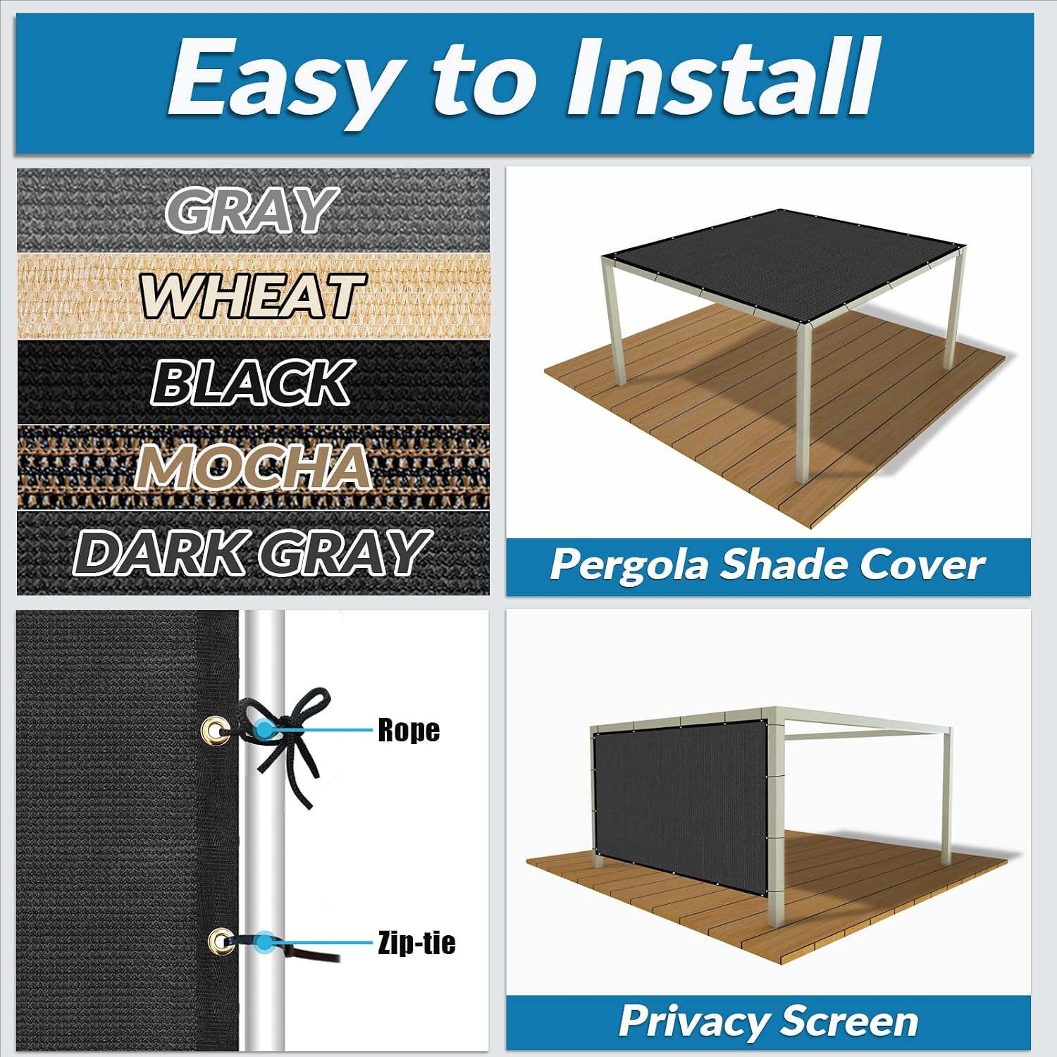 Amagenix 90% Dark Grey Sun Shade Cloth with Grommets, 12'X 20' Sun Screens Pergola Shade Cover Canopy for Outdoor Garden Patio Porch