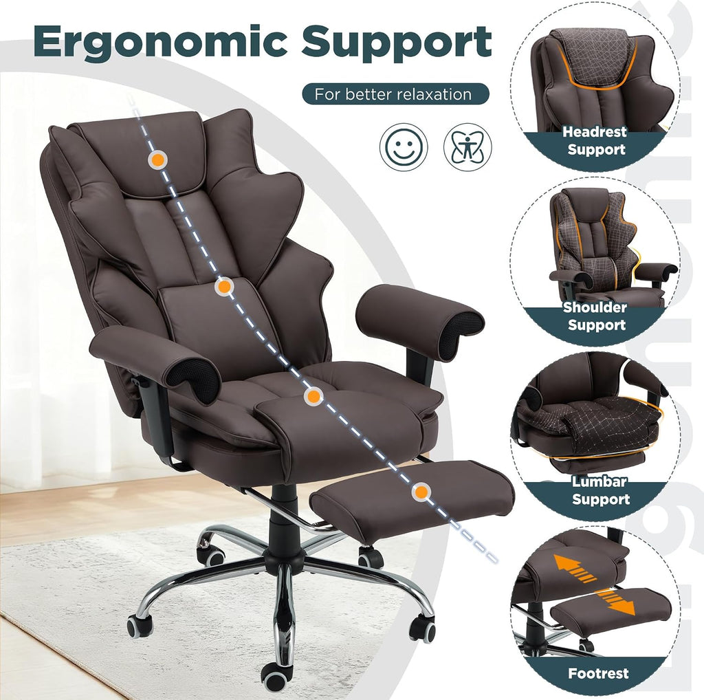 HOMREST Brown Ergonomic Office Chair with 6-Point Vibration Massage & Heat – Reclining Executive Chair with Adjustable Footrest and Armrests, PU Leather Big and Tall Home Office Desk Chair