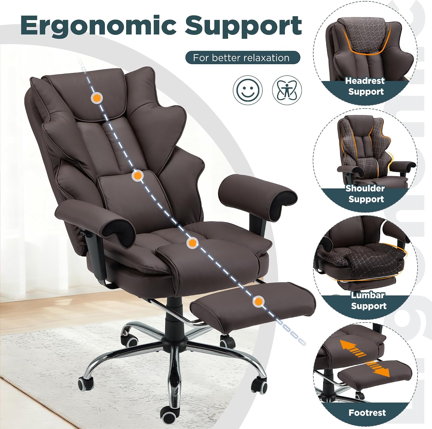 HOMREST Brown Ergonomic Office Chair with 6-Point Vibration Massage & Heat – Reclining Executive Chair with Adjustable Footrest and Armrests, PU Leather Big and Tall Home Office Desk Chair
