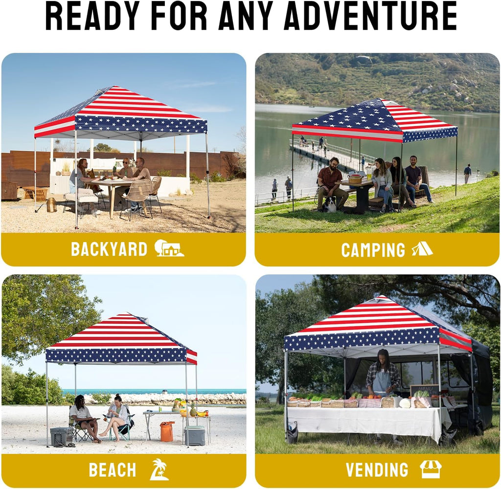 CROWN SHADES 10x10 Pop Up Canopy - Beach Tent with One Push Setup - Easy Outdoor Sun Shade for Events, Parties, Camping - Gazebo with STO-N-Go Cover Bag, Silver Coated Top, American Flag