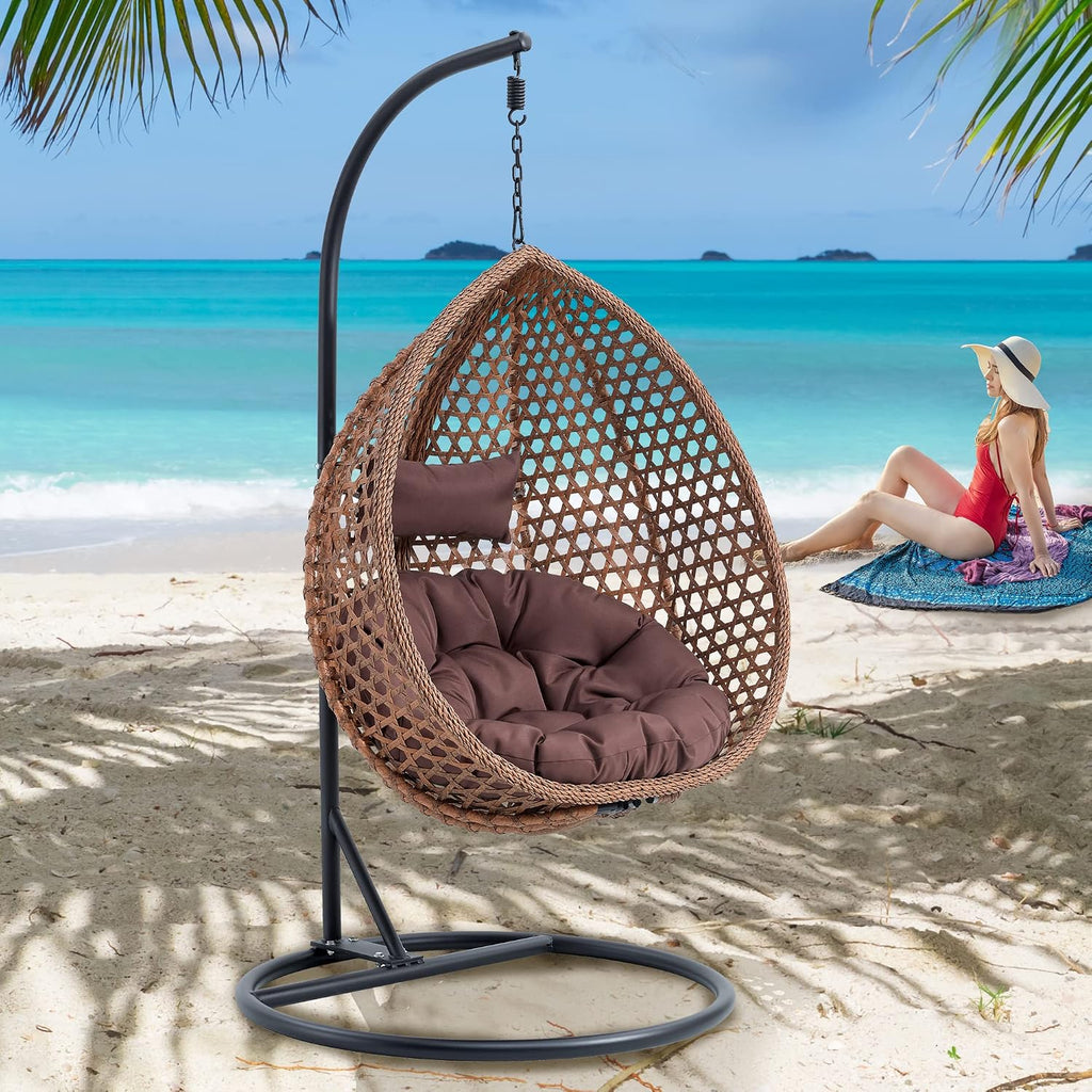 Egg Swing Chair with Stand,Brown Swing Egg Chair with Stand, Rattan Hanging Egg Chairs with Soft Cushion, Outdoor Hanging Chair with Foldable Basket & Metal Stand for Bedroom Patio (Brown)