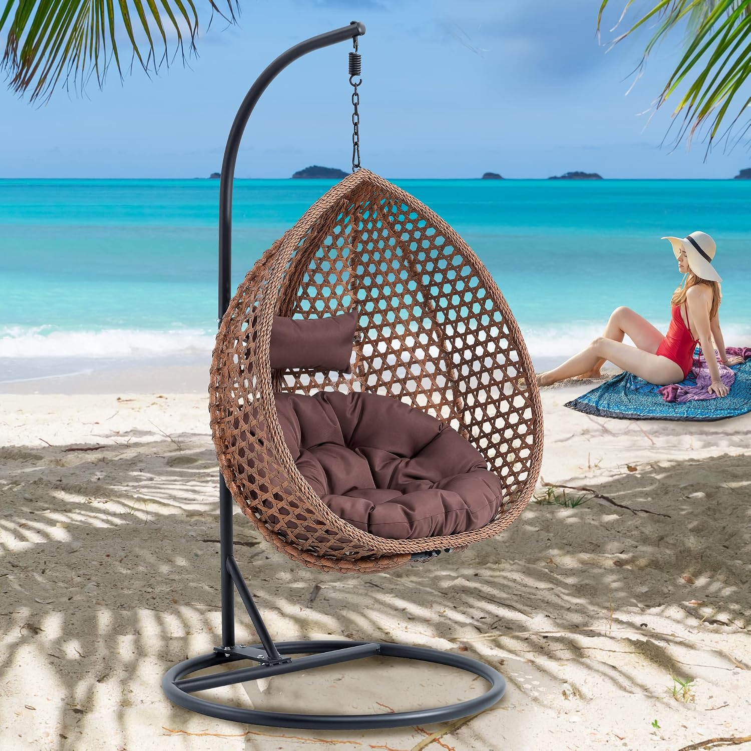 Egg Swing Chair with Stand,Brown Swing Egg Chair with Stand, Rattan Hanging Egg Chairs with Soft Cushion, Outdoor Hanging Chair with Foldable Basket & Metal Stand for Bedroom Patio (Brown)
