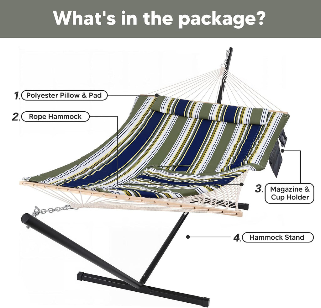 SUNCREAT Hammocks Double Outdoor Hammock with Stand, Cotton Rope Two Person Hammock with Polyester Pad & Large Pillow, Carrying Bag, Blue& Gray