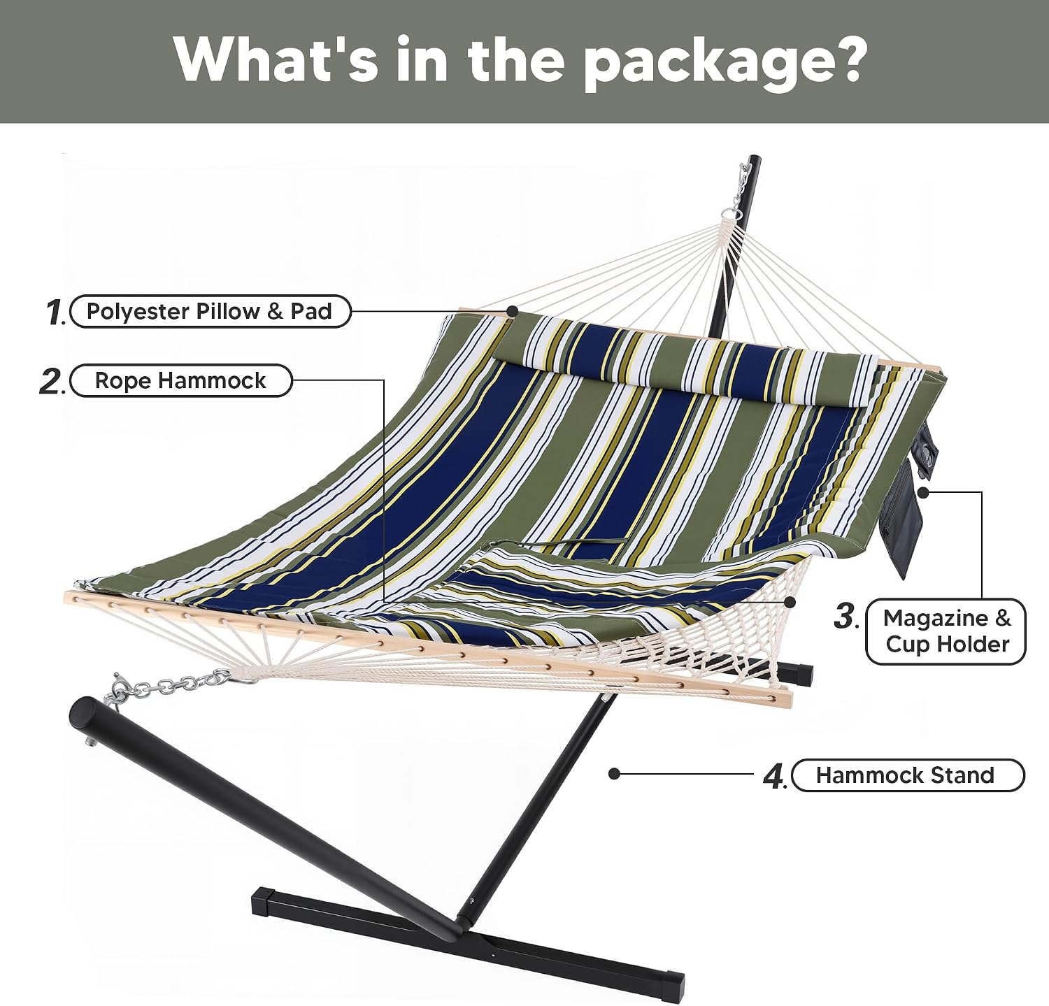 SUNCREAT Hammocks Double Outdoor Hammock with Stand, Cotton Rope Two Person Hammock with Polyester Pad & Large Pillow, Carrying Bag, Blue& Gray