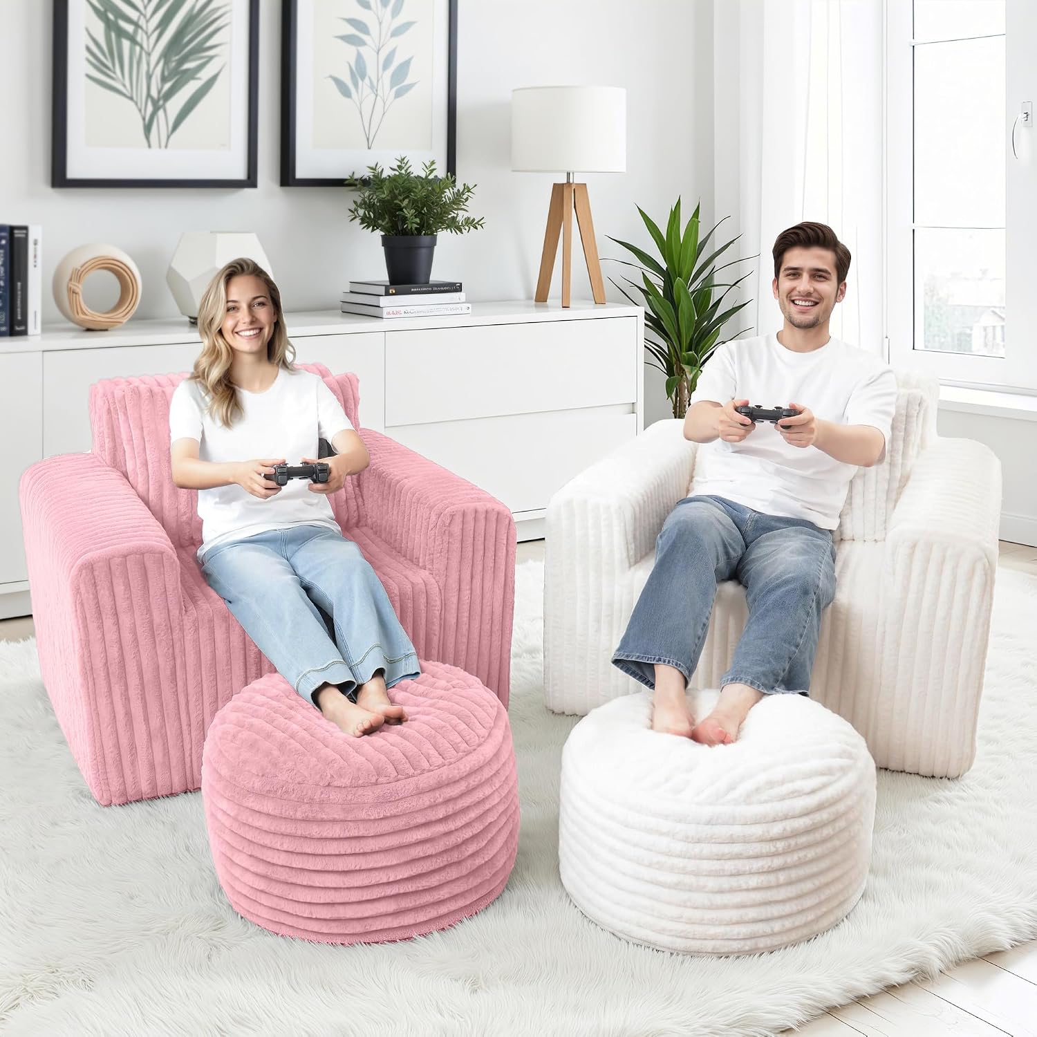 HABUTWAY Bean Bag Chair for Adults with Pillow, Giant Bean Bag Chairs with Ottoman, Comfy Dorm Chair with High Backrest & Wider Armrest, Lounger Chair Indoor for Bedroom Living Room(Pink)