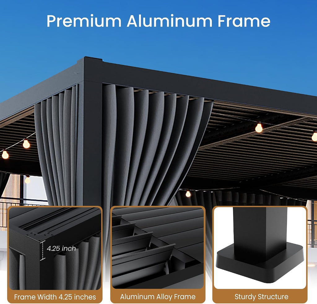 SUNBURY 10'X 20' Louvered Pergola, Aluminum Outdoor Pergola with 4 Adjustable Roof, All-Weather Use, Netting & Privacy Curtains, Waterproof Patio Shade Cover for Patio, Backyard, Lawn, Garden, Black