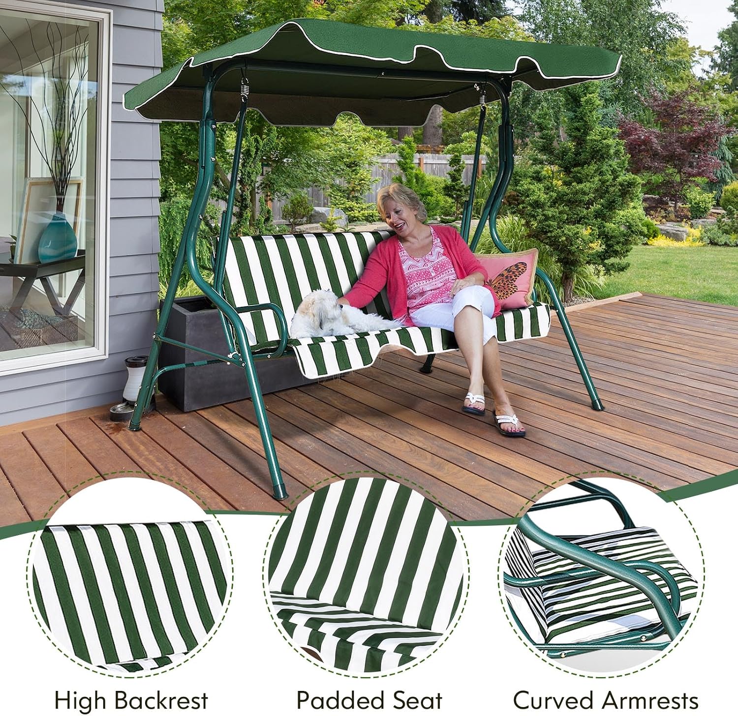 DREAMADE Porch Swing Outdoor, 3 Person Patio Swing w/Removable Cushion, Stand & Adjustable Canopy, Heavy Duty Swing Chair for Patio, Garden, Courtyard, Poolside