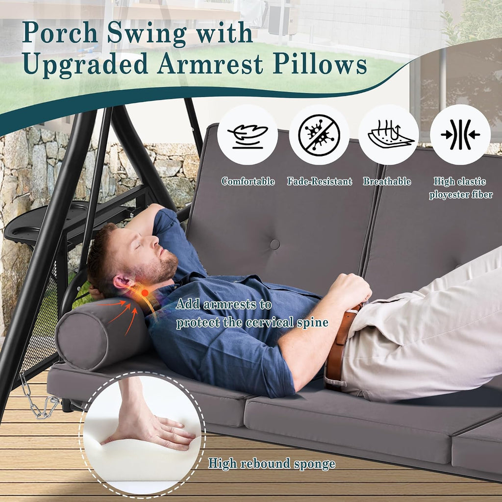 MAGIC UNION 3-Seat Outdoor Patio Swing with Stand, 3 in 1 Porch Swings with Adjustable Canopy, Upgraded Pillows Cushions and Foldable Cup Holders for Backyard, Porch, Garden(Gray)
