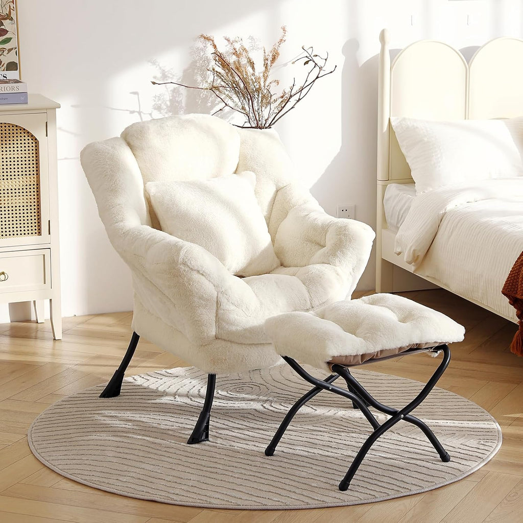 Lazy Chair with Ottoman, Large Lvory Accent Chair with Ottoman and FA Throw Pillow, Comfy Plush Reading Chair for Living Room Bedroom Dorm Room Office Apartment Relaxing Use
