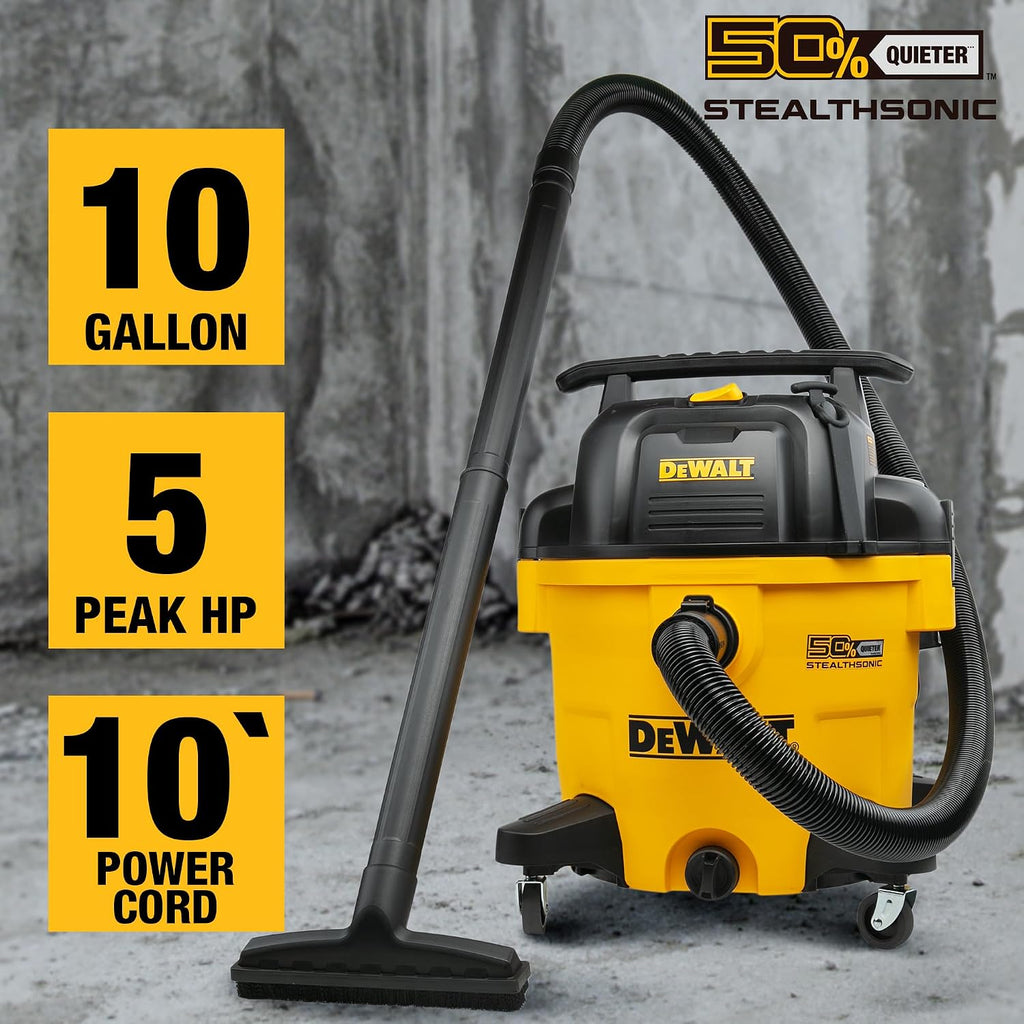 DEWALT 10 Gallon 5.0 Peak HP STEALTHSONIC Shop Vacuum Wet and Dry, Ultra Quiet Wet Dry Vac, Ideal for Jobsite, Garage, Car & Workshop, DXV10P-QT with Attachments & Powerful Suction, Portable Cleaning