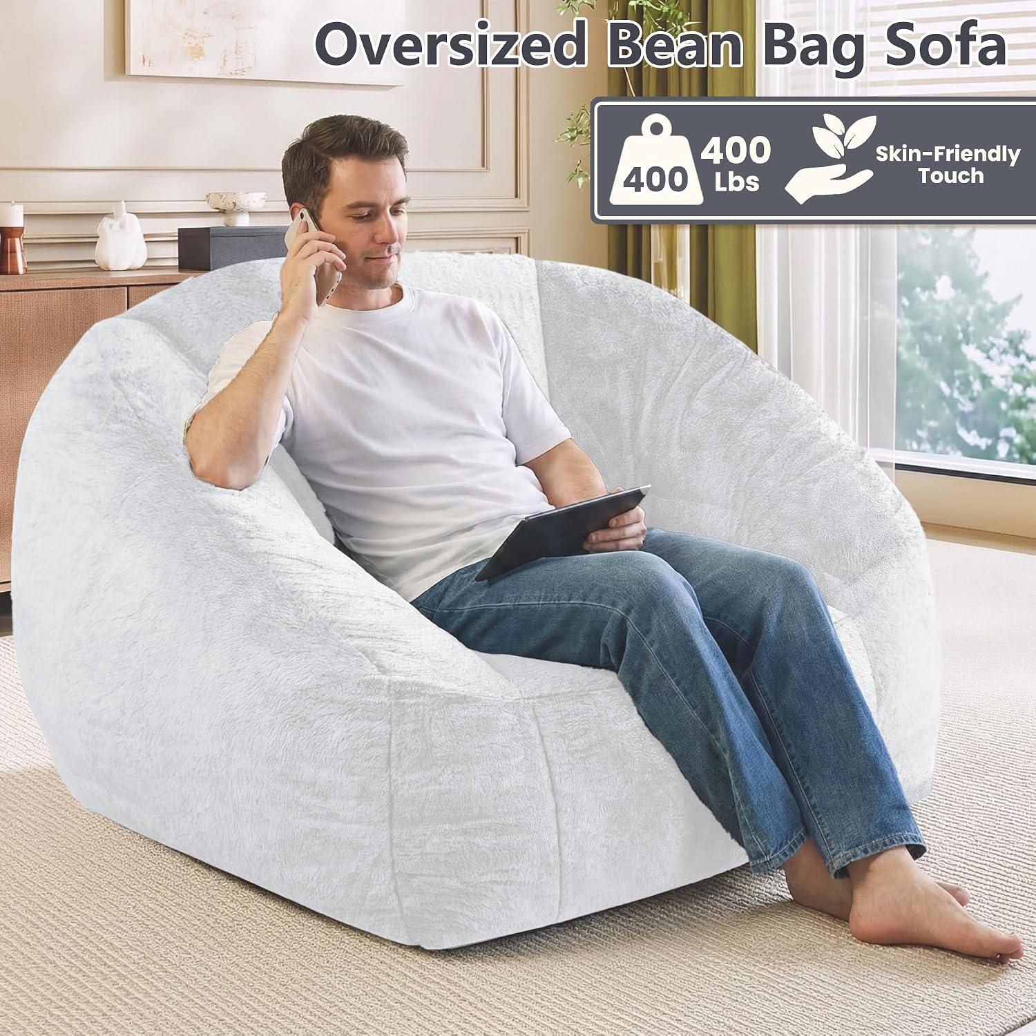 Bean Bag Chairs for Adults, Giant Beanbag Sofa Comfy Reading Chair, Oversized Bean Bag Chairs for Living Room Bedroom, Soft Faux Fur Fabric, 3.2FT, Light Grey, Plush