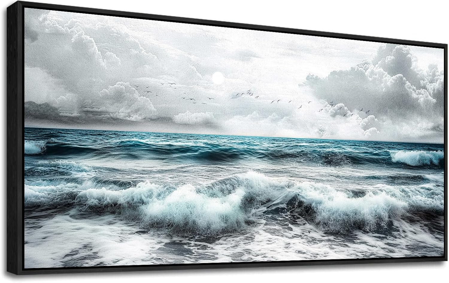 ERQINHUA Black And White Beach Canvas Wall Art For Living Room Wall Decoration For Bedroom Office Wall Decor Blue Sea Wave Printing Pictures Artwork Home Decor Painting Black Framed 24x48 In