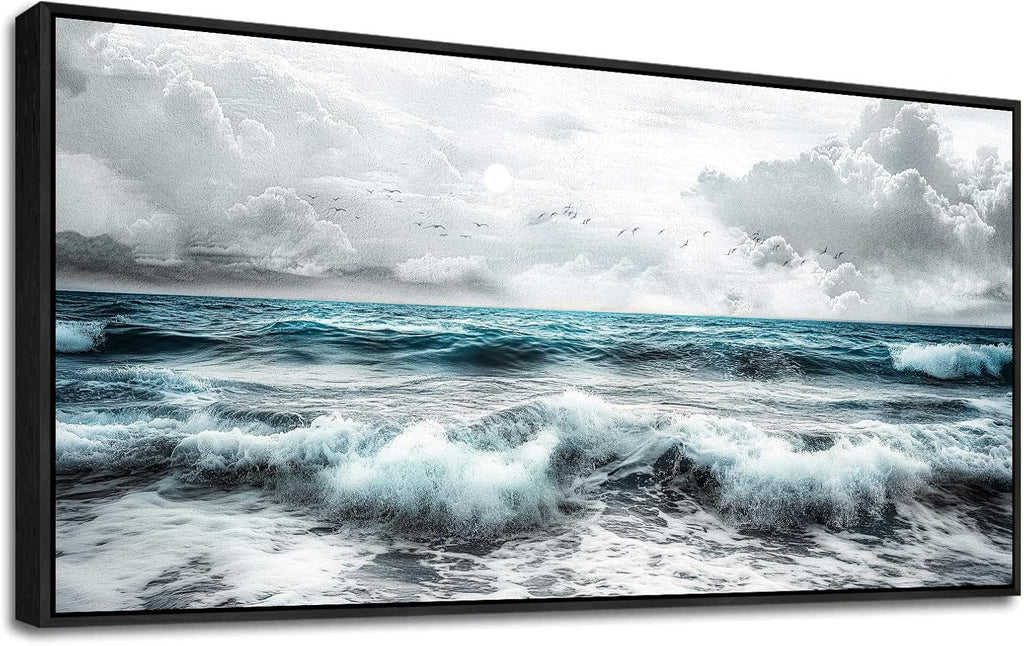 ERQINHUA Black And White Beach Wall Painting Large Canvas Wall Art For Living Room Wall Decor For Bedroom Office Wall Decor Blue Sea Wave Pictures Artwork Hotel Home Decor Black Framed 30x60 In