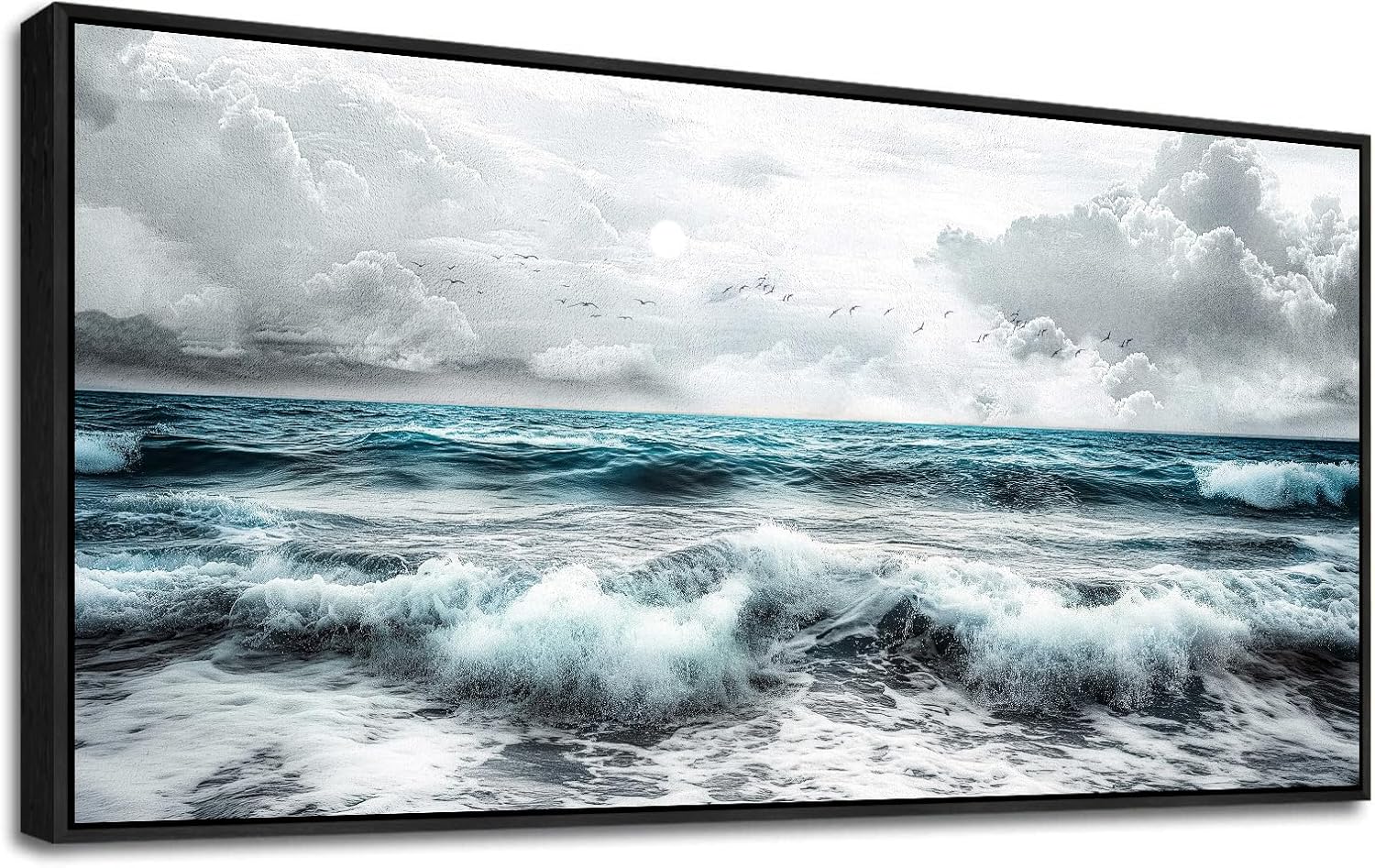 ERQINHUA Black And White Beach Wall Painting Large Canvas Wall Art For Living Room Wall Decor For Bedroom Office Wall Decor Blue Sea Wave Pictures Artwork Hotel Home Decor Black Framed 30x60 In