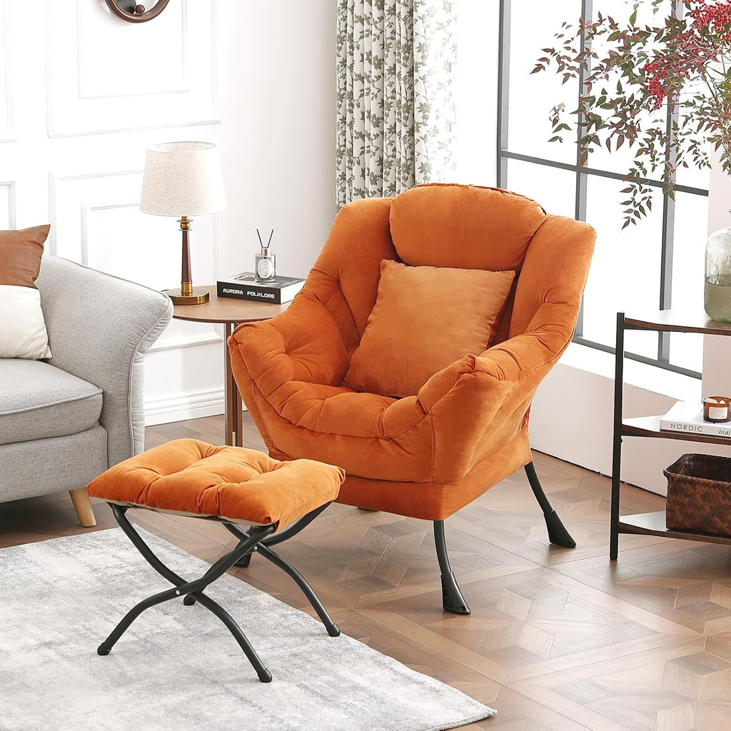 Tangerine Lazy Chair with Ottoman, Large Velvet Accent Chair with a Throw Pillow, Comfy Leisure Sofa Chair for Living Room Bedroom Dorm Room Office Apartment Reading Relaxing Use