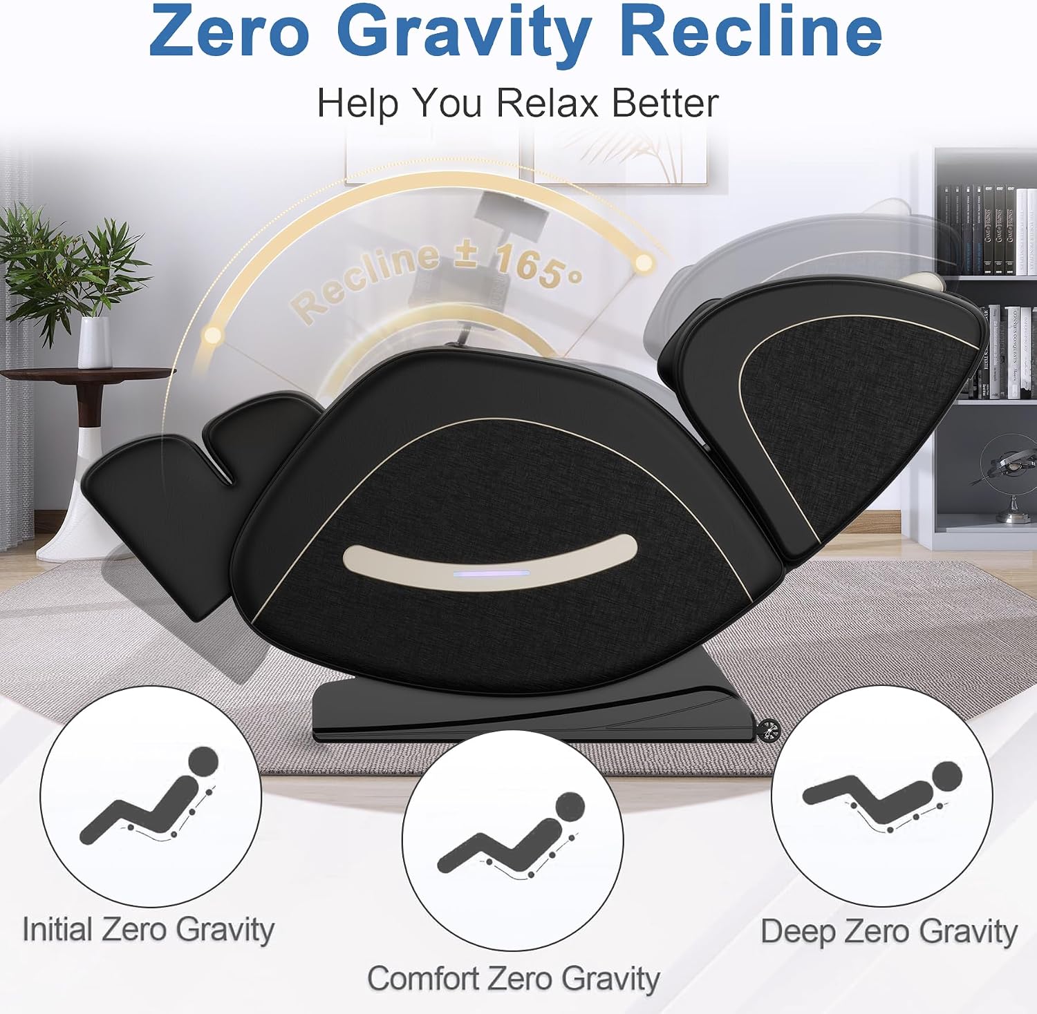 Zero Gravity Massage Chair Recliner with 8 Roller Heads, Full Body Air Pressure System, Heated Waist and Legs, Foot Roller Therapy, Bluetooth Audio, Automatic Programs for Home Office, Black