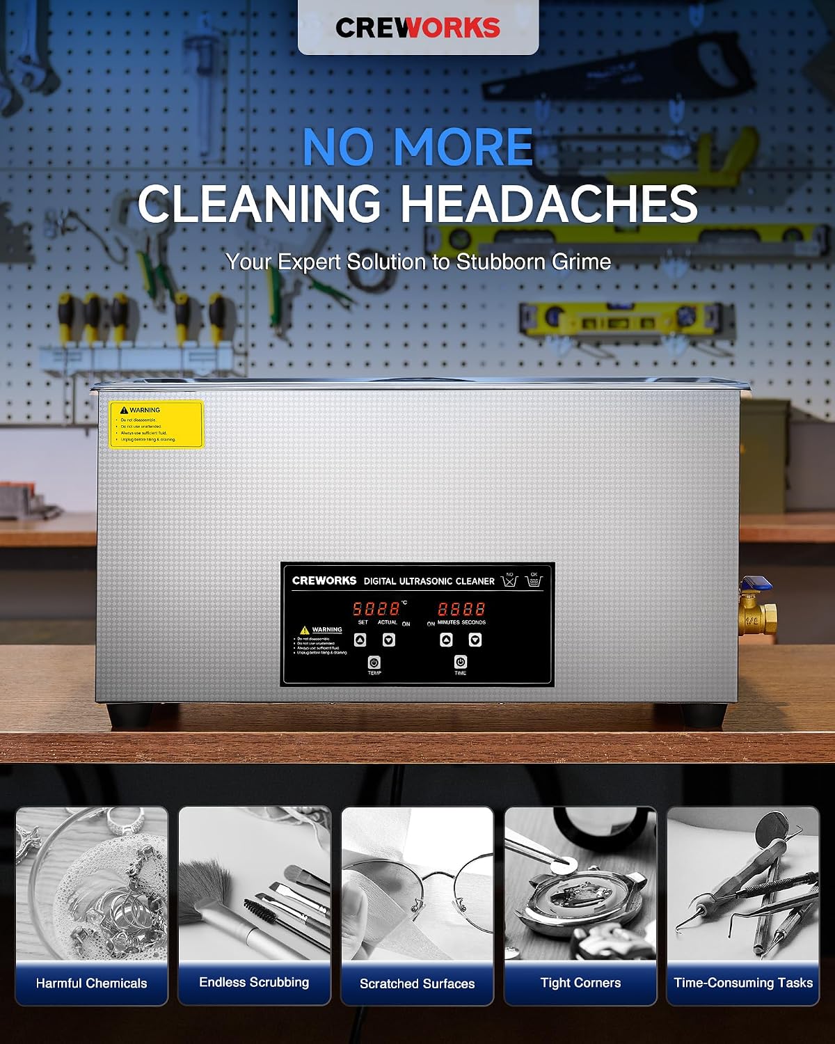 CREWORKS 22L Digital Ultrasonic Cleaning Machine with Heater and Timer, 480W Stainless Steel Ultrasonic Cleaner Machine, 5.8 gal Ultrasonic Parts Cleaner for Retainer Glasses Auto Tool Machine Part