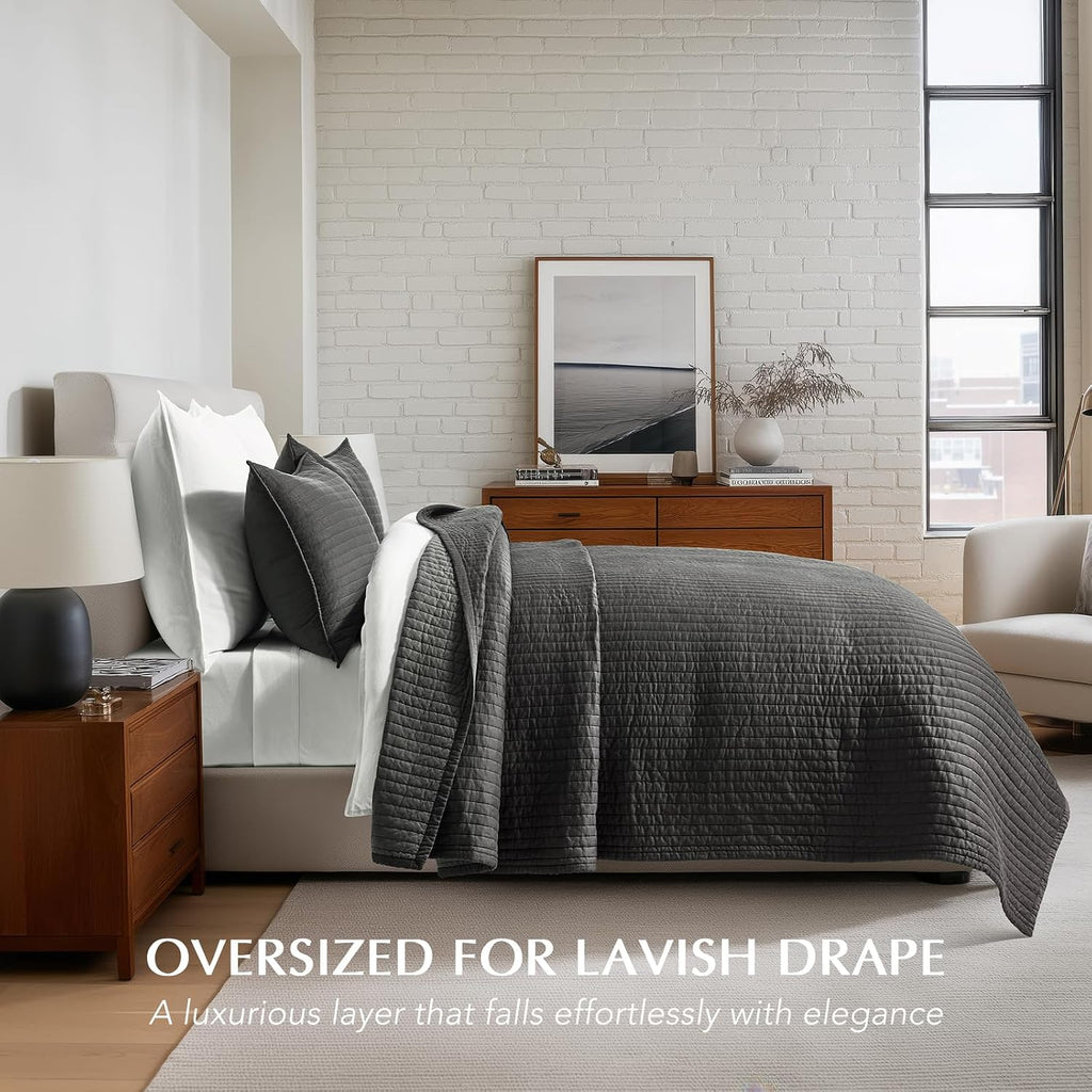 EVERGRACEHOME Cotton Sateen Quilt Set King Size, Pre-Washed Cotton Channel Stitch Coverlet Bedspread, 3 Pieces Lightweight Soft Bedding Sets for All Season, with 2 Pillow Shams, Washed Black