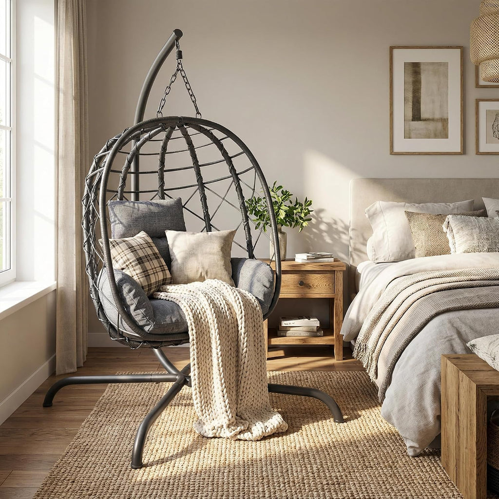 Foldable Hanging Egg Chair with Stand - Wicker Swing Hammock Chair with Cushion - for Patio Porch Balcony Weight Capacity 350lbs (Light Gray)