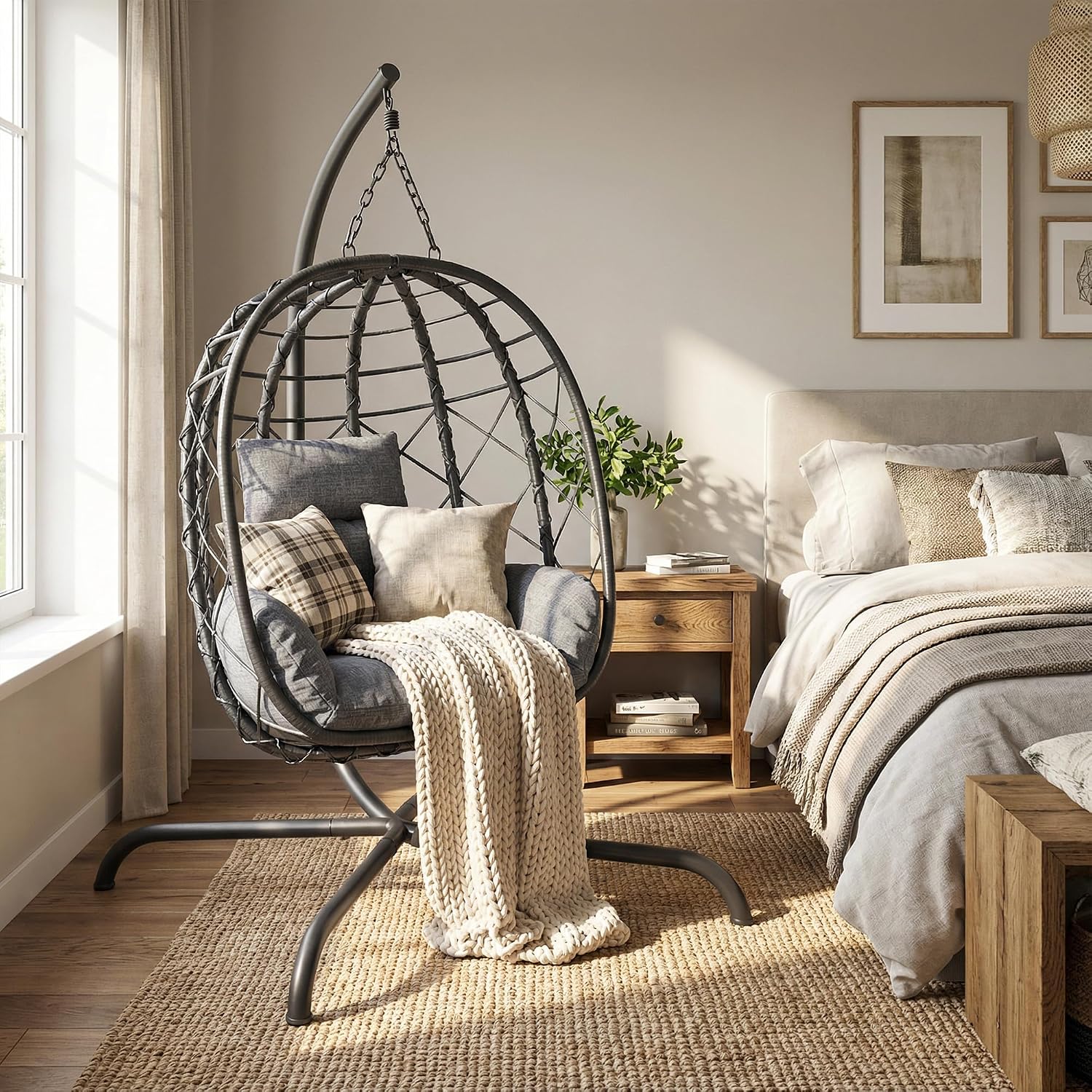 Foldable Hanging Egg Chair with Stand - Wicker Swing Hammock Chair with Cushion - for Patio Porch Balcony Weight Capacity 350lbs (Light Gray)