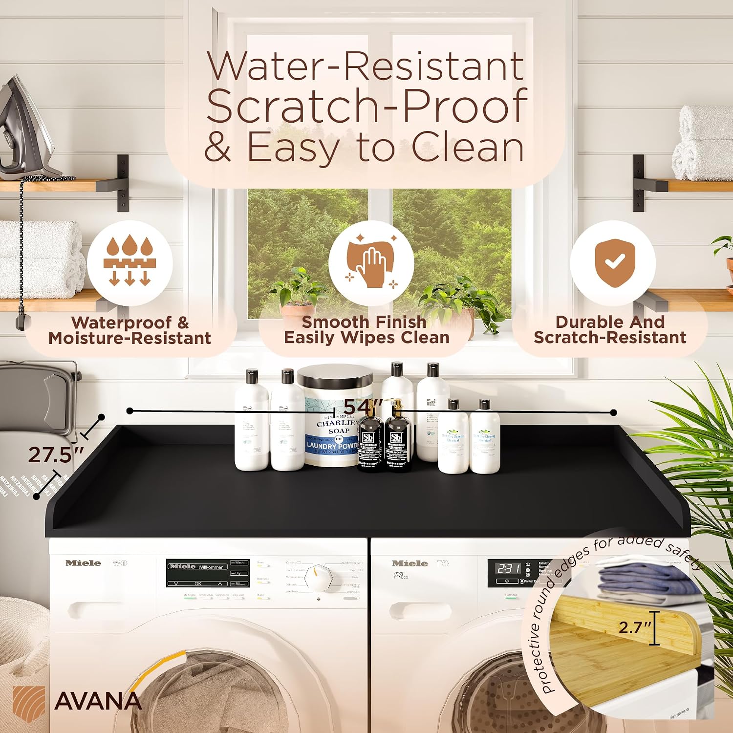 Avana (100% Natural Solid Wood Washer Dryer Countertop – Black Pine Laundry Countertop with Raised Edges, 54' x 27.5' Counter Top for Washer and Dryer, Laundry Room Organizer & Tabletop