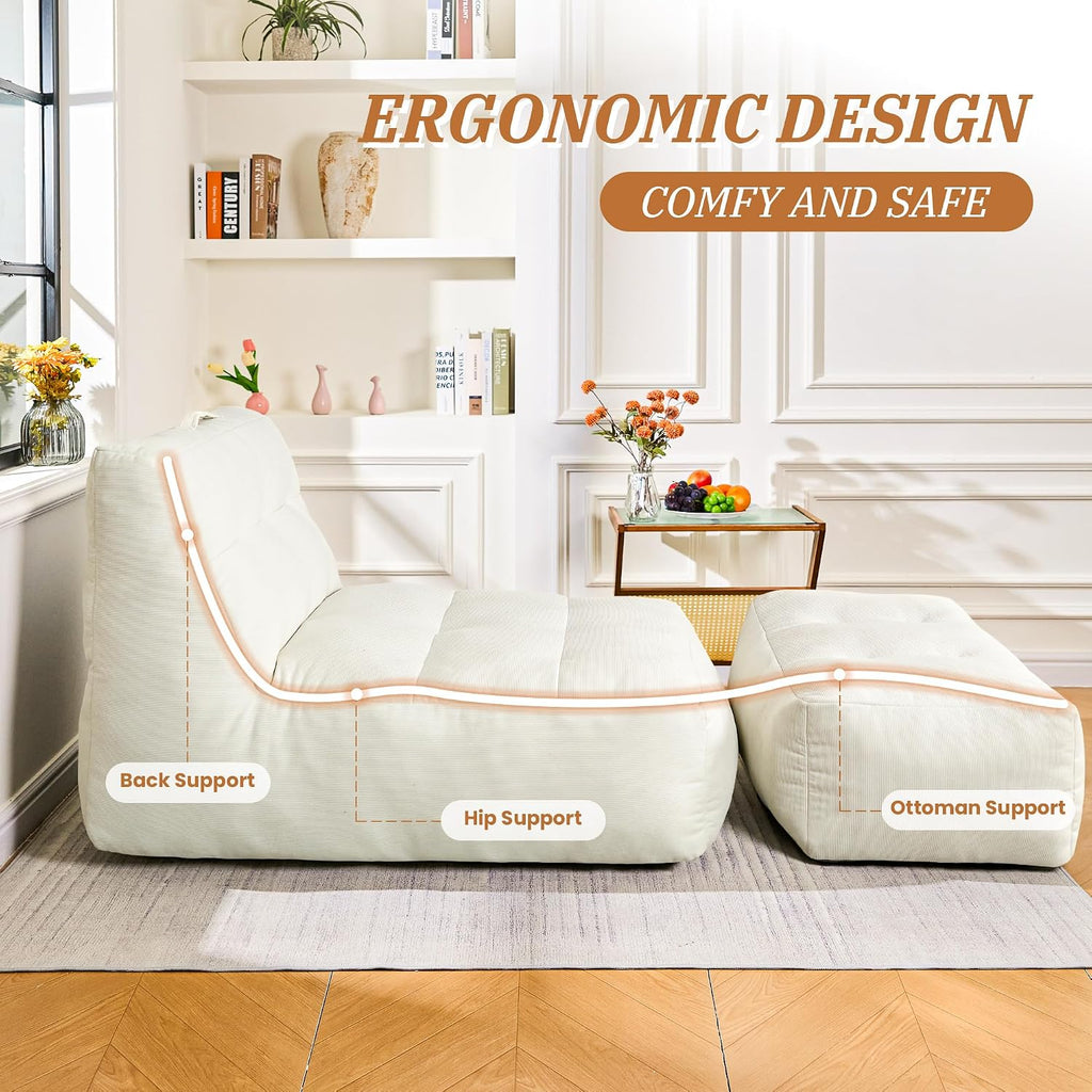 Bean Bag Chair with Ottoman, Giant Bean Bag Chairs for Adults with Memory Foam, Comfy Bean Bag Sofa for Bedroom, Lounge Beanbag of Reading and Gaming with Filler Included(White)